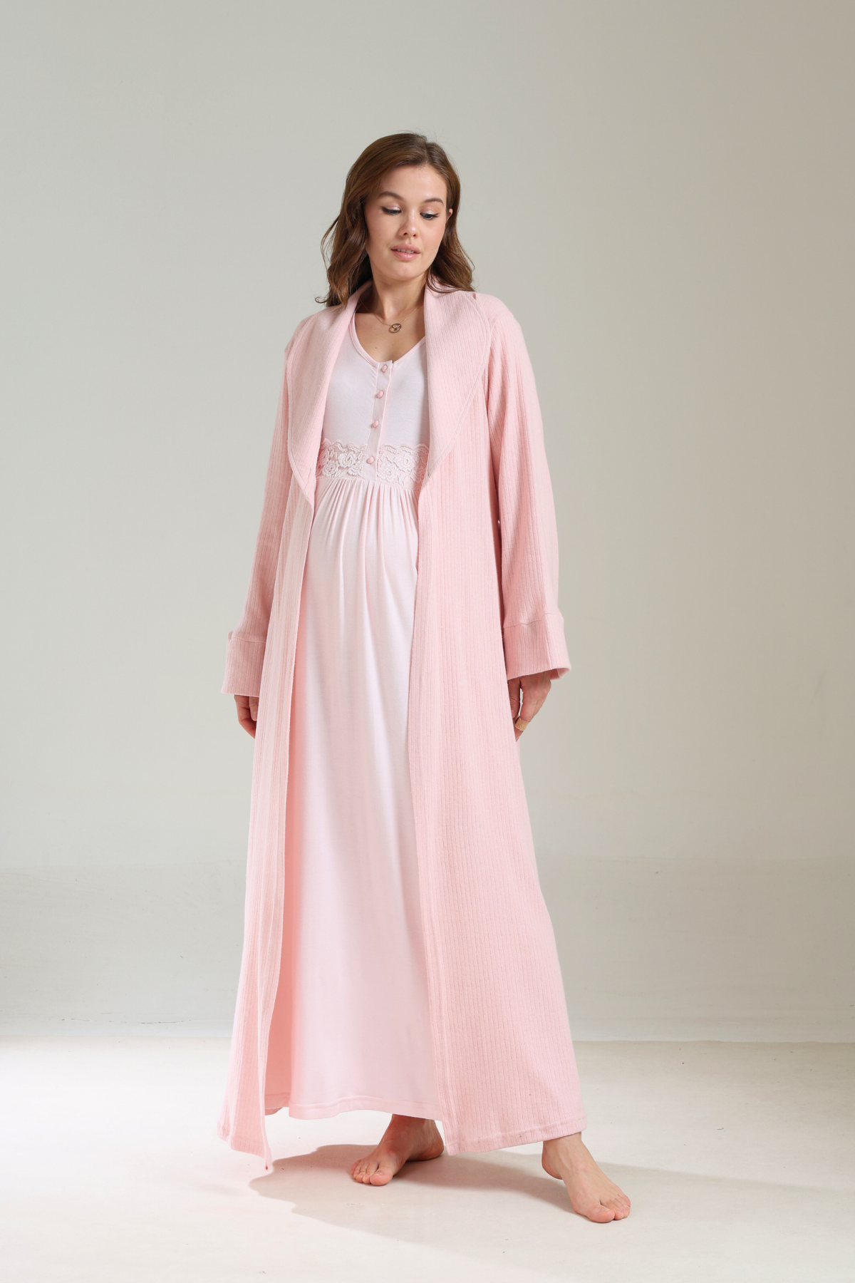 Kalın Kışlık Yumuşak Dokulu Pudra Sabahlıklı Lohusa Gecelik Takımı 1037