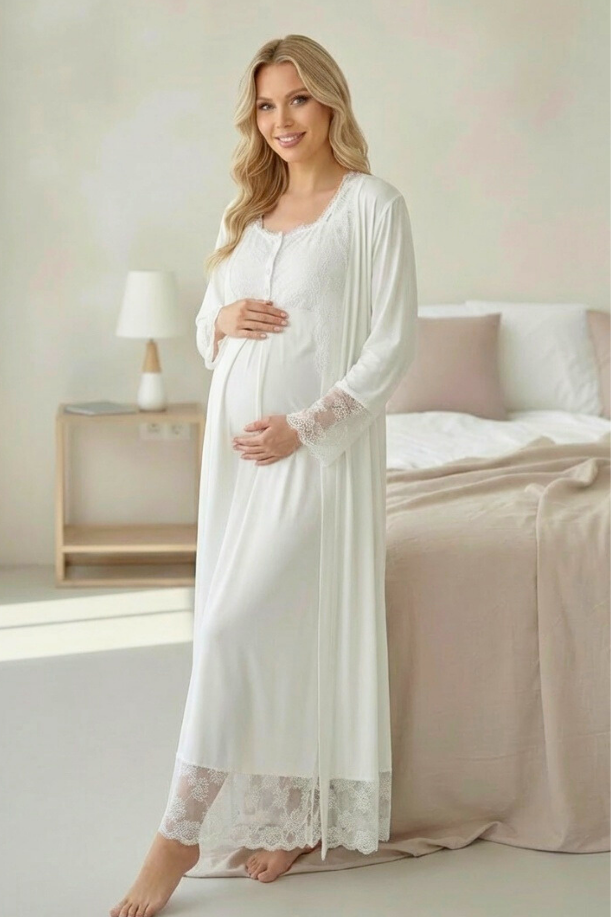 Yeni Sezon Ekru Tasarım Brodeli Sabahlıklı Lohusa Gecelik Takımı-2005