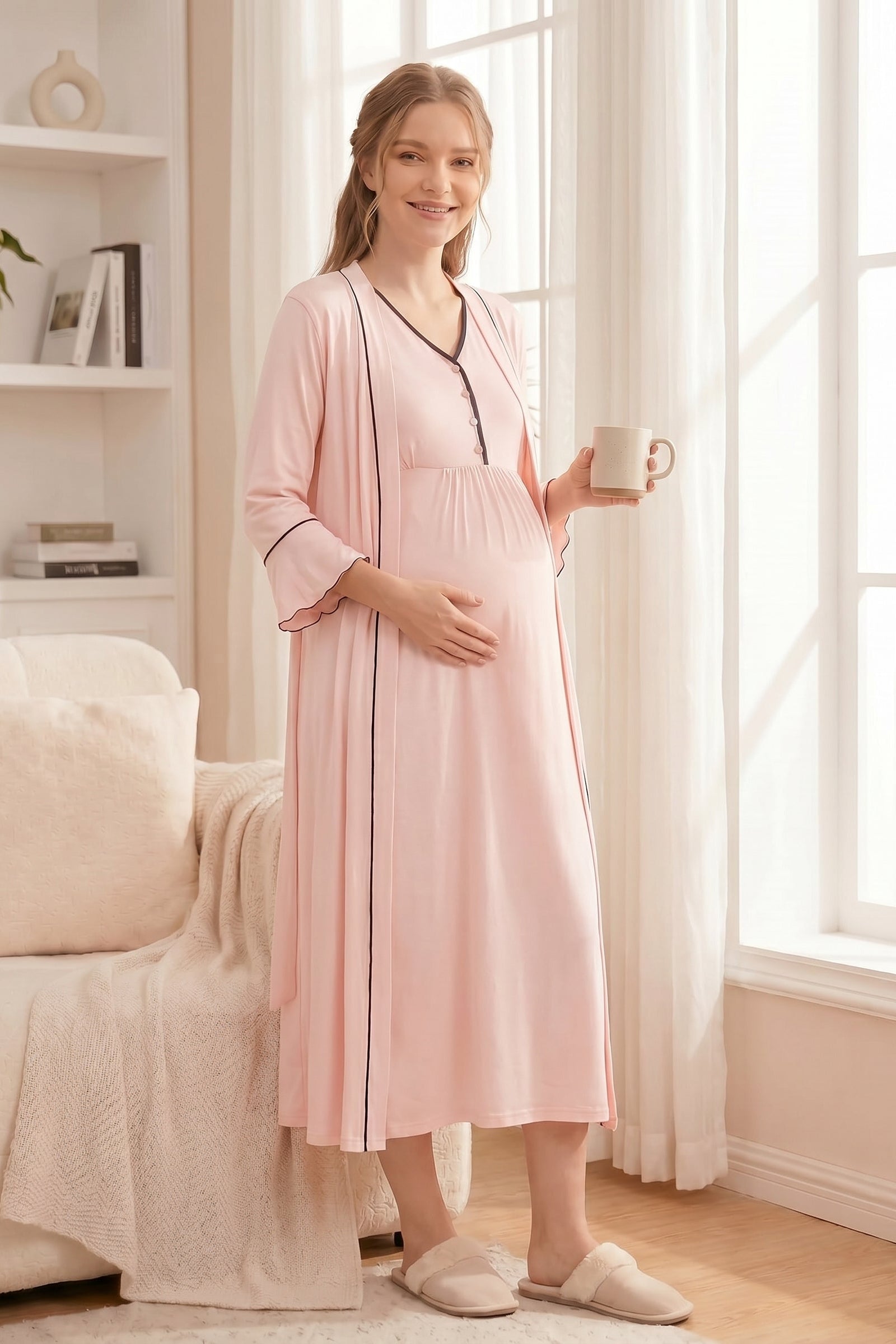 Yeni Sezon Pembe Sabahlıklı Derin Patlı Önden Düğmeli Lohusa Gecelik Takımı-2042