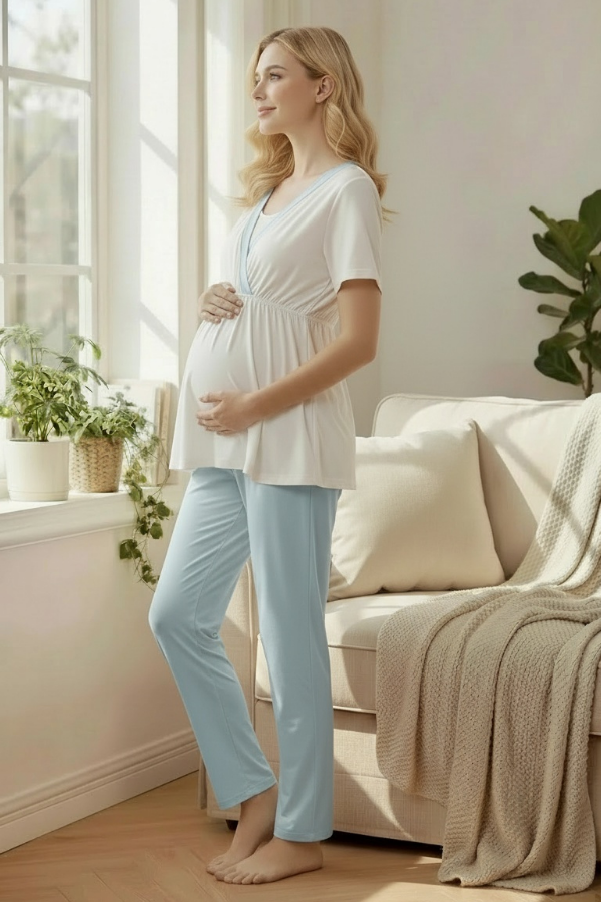 Yeni Sezon Fırfır Yakalı Mavi Detay Sabahlıklı Kruvaze Pijama Takımı-2013