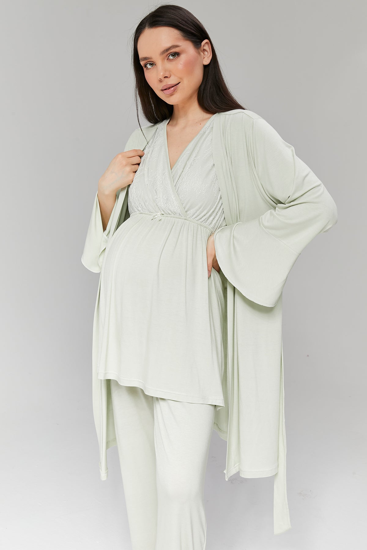 Mint Yeşili Volan Kol Sabahlıklı Dantelli Kruvaze Lohusa Pijama Takımı - 502