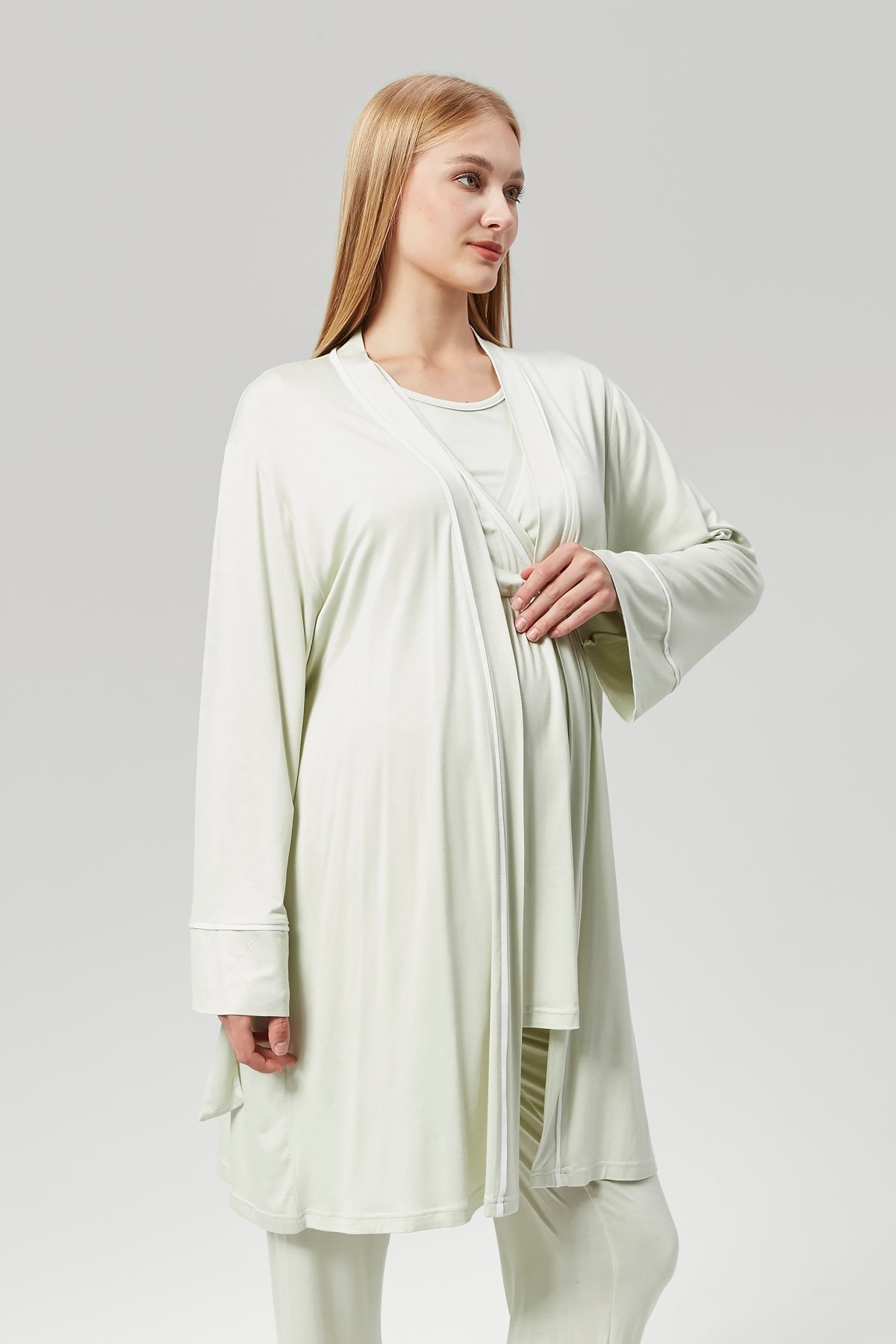 Mint Yeşili Biyeli Sabahlıklı Kruvaze Lohusa Pijama Takımı - 529