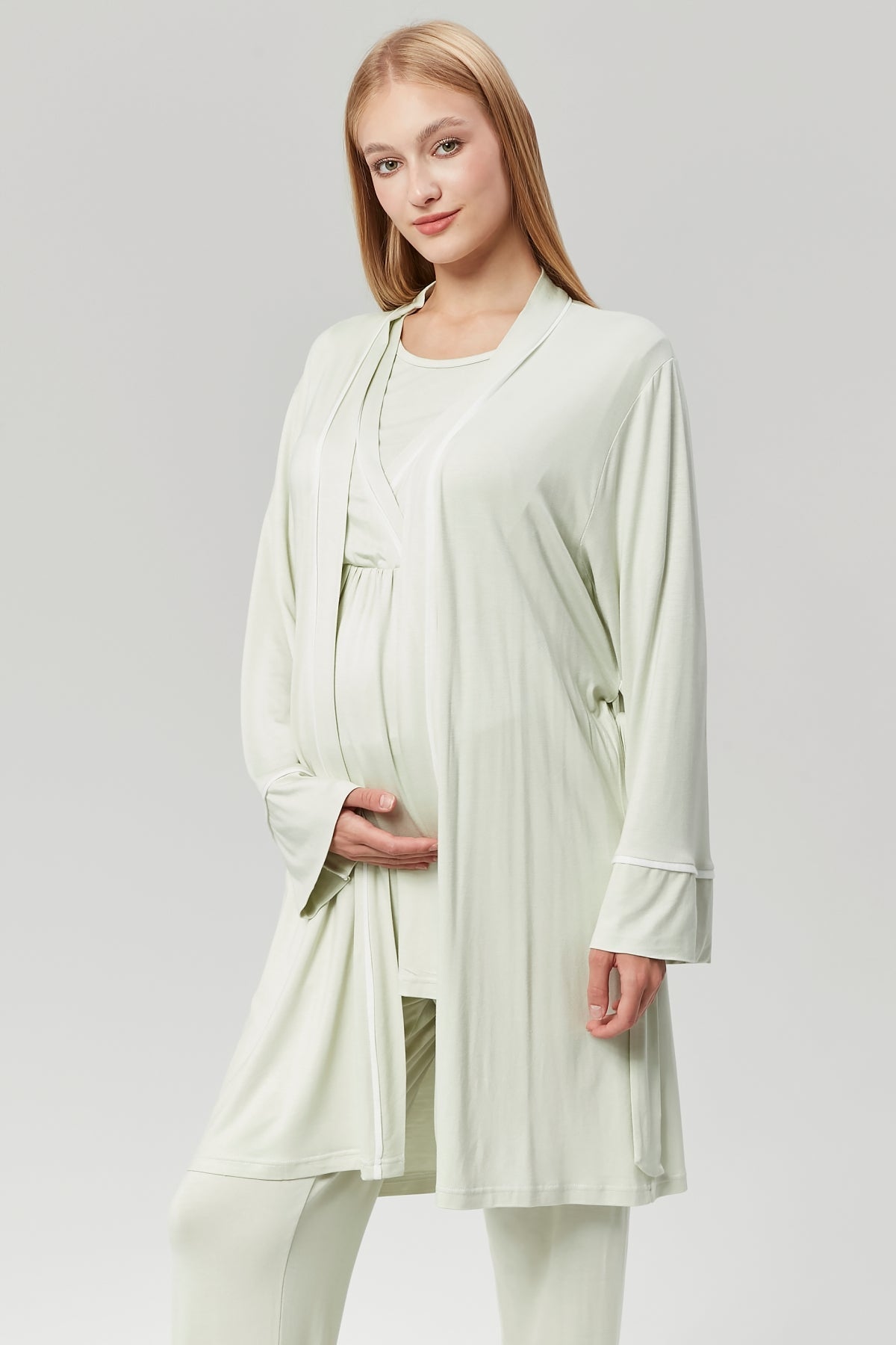 Mint Yeşili Biyeli Sabahlıklı Kruvaze Lohusa Pijama Takımı - 529
