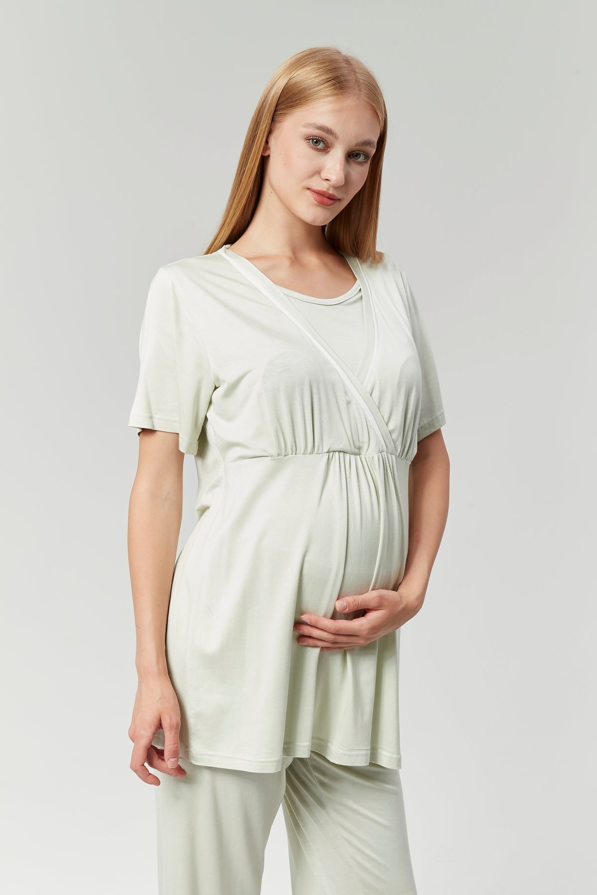 Mint Yeşili Biyeli Sabahlıklı Kruvaze Lohusa Pijama Takımı - 529
