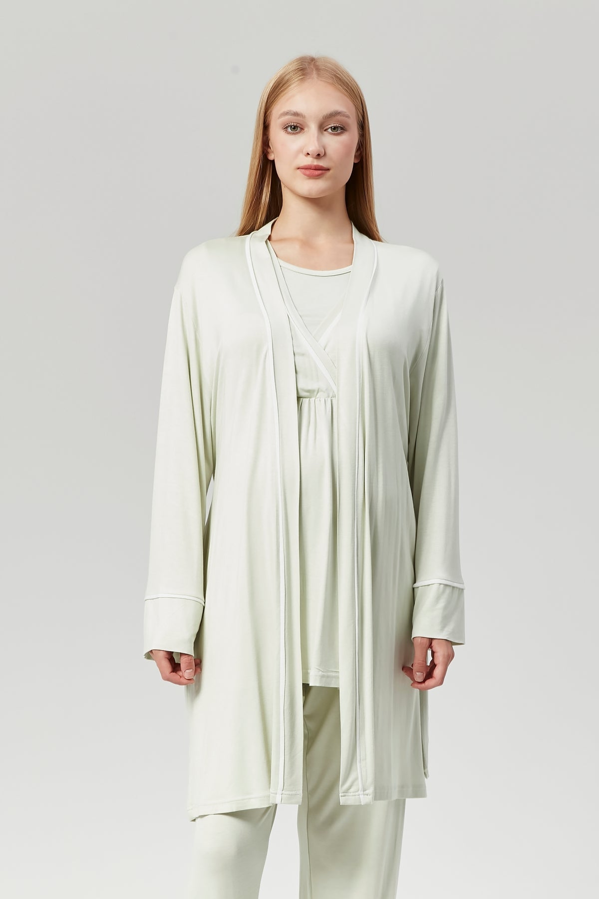 Mint Yeşili Biyeli Sabahlıklı Kruvaze Lohusa Pijama Takımı - 529