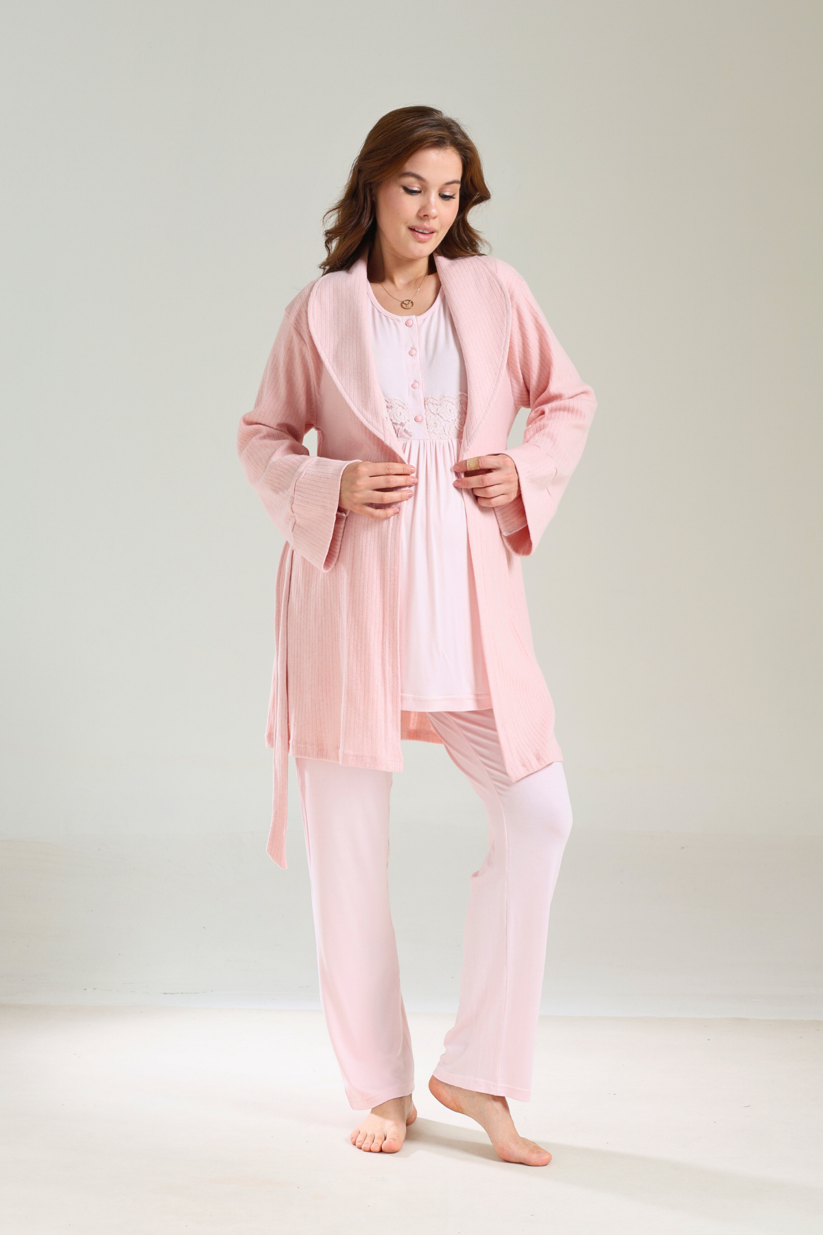 Kışlık Yumuşak Dokulu Önden Düğmeli Sabahlıklı Lohusa Pijama Takımı 1036