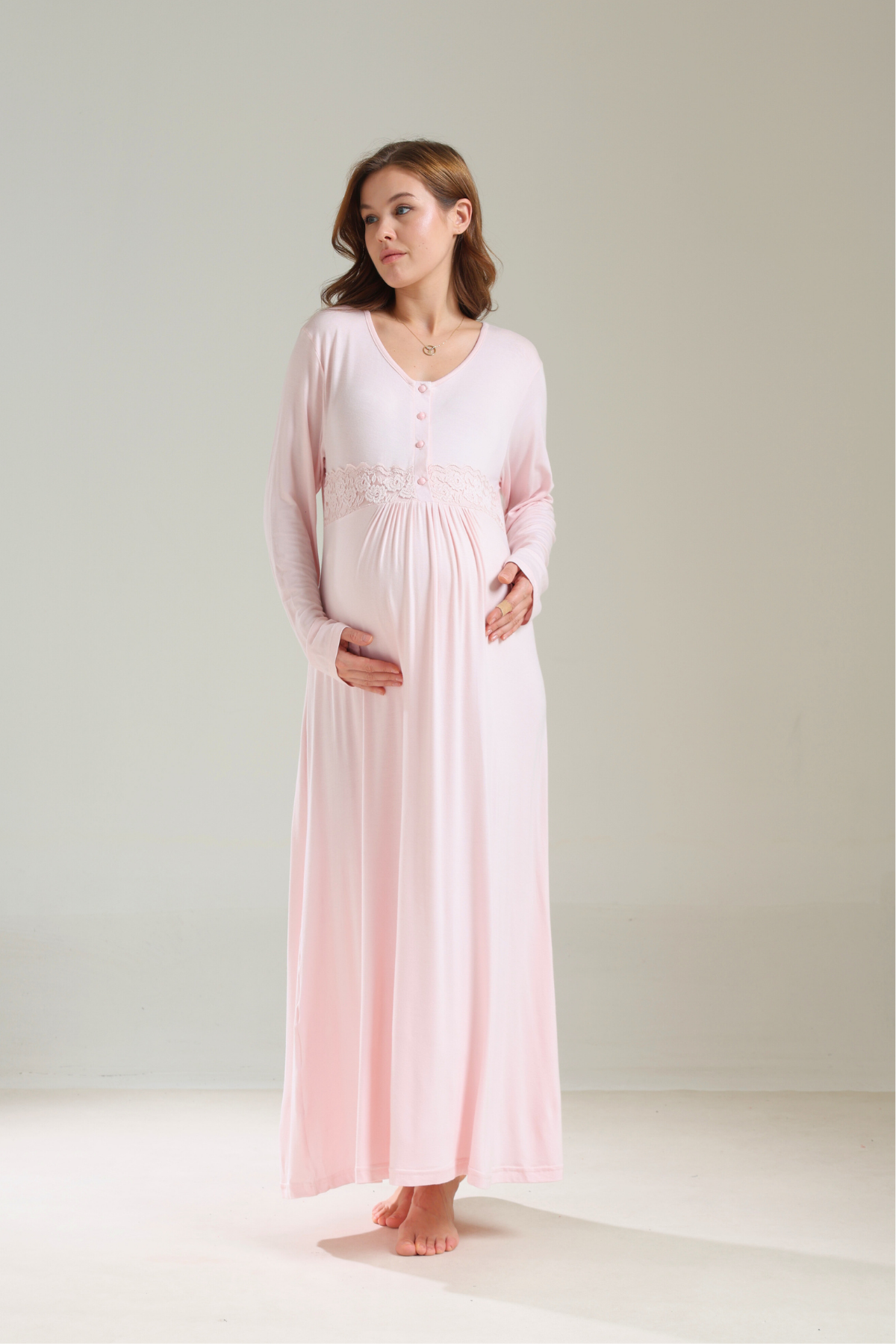 Kalın Kışlık Yumuşak Dokulu Pudra Sabahlıklı Lohusa Gecelik Takımı 1037