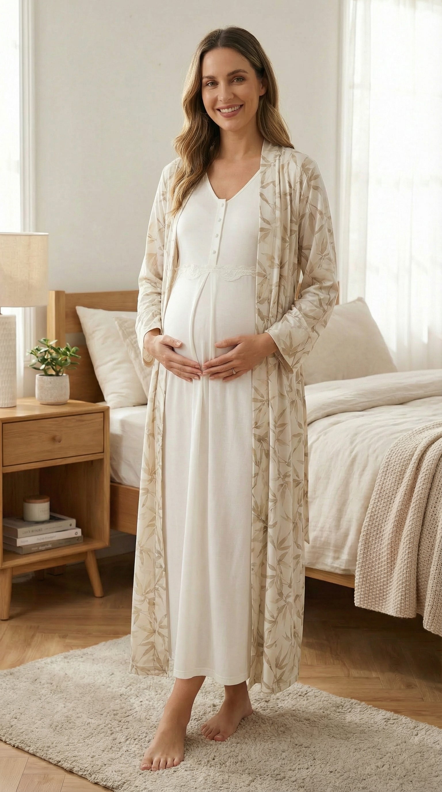 Olive Desen Yumuşak Dokulu Sabahlıklı Lohusa Gecelik Takımı- 701