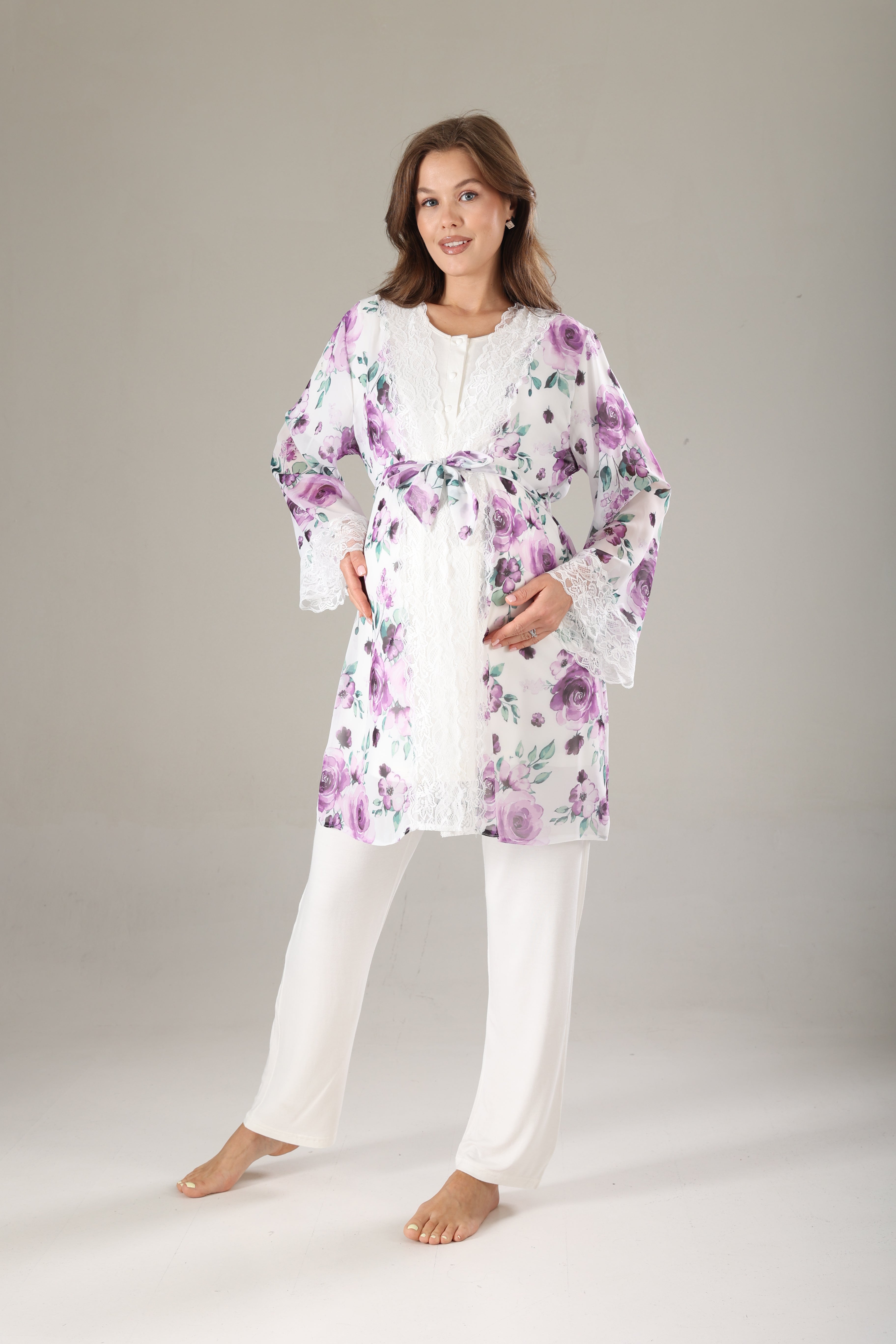 Lila Desenli Şifon Sabahlıklı Lohusa Pijama Takımı 815