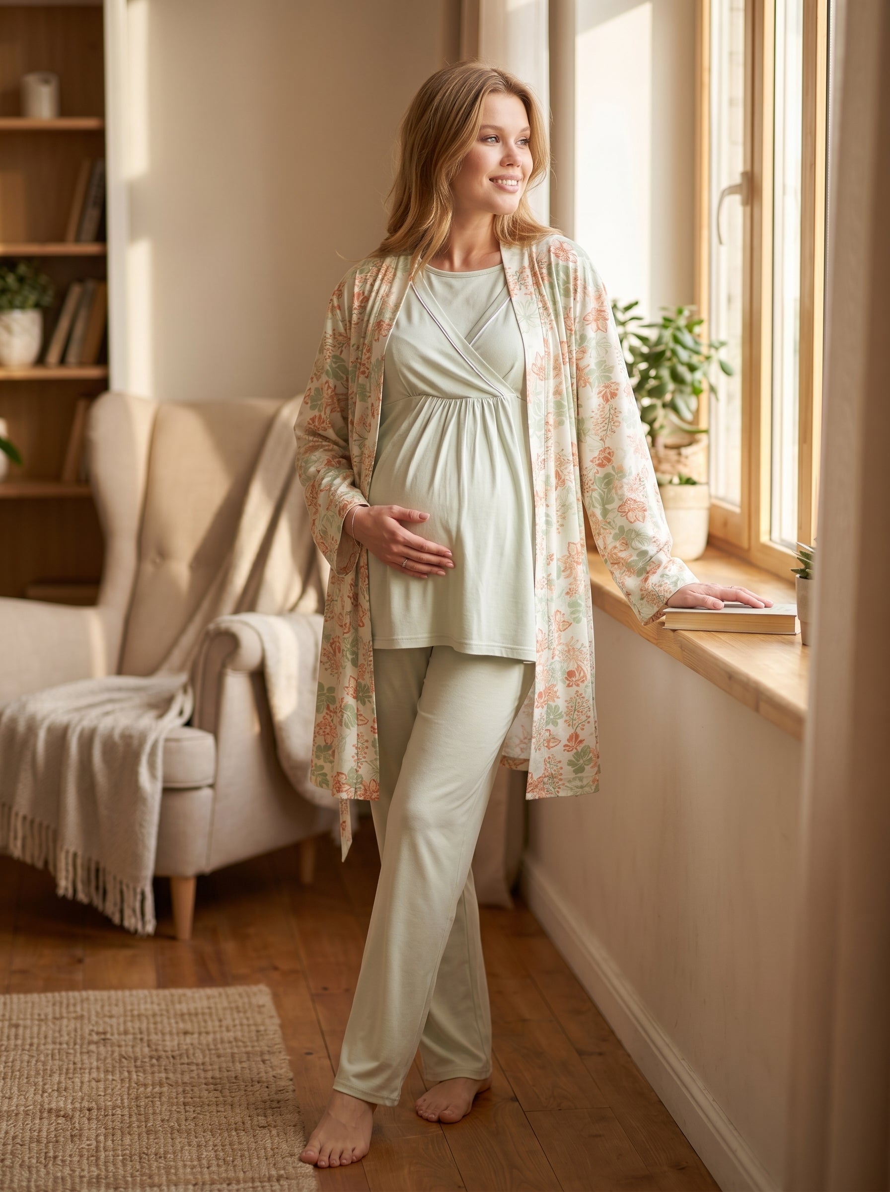 Mint Yeşili Yaz Esintisi Kruvaze Sabahlıklı Lohusa Pijama Takımı 713