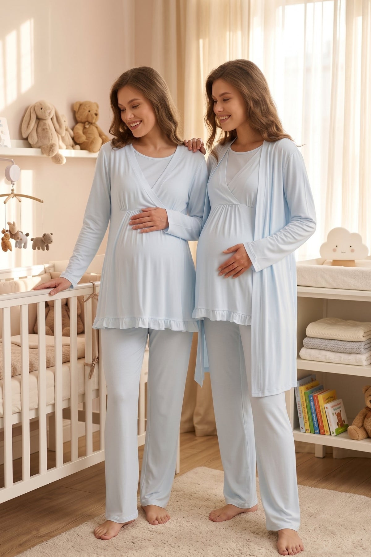 Mavi Kruvaze Sade Uzun Kollu Sabahlıklı Lohusa Pijama Takımı - 640