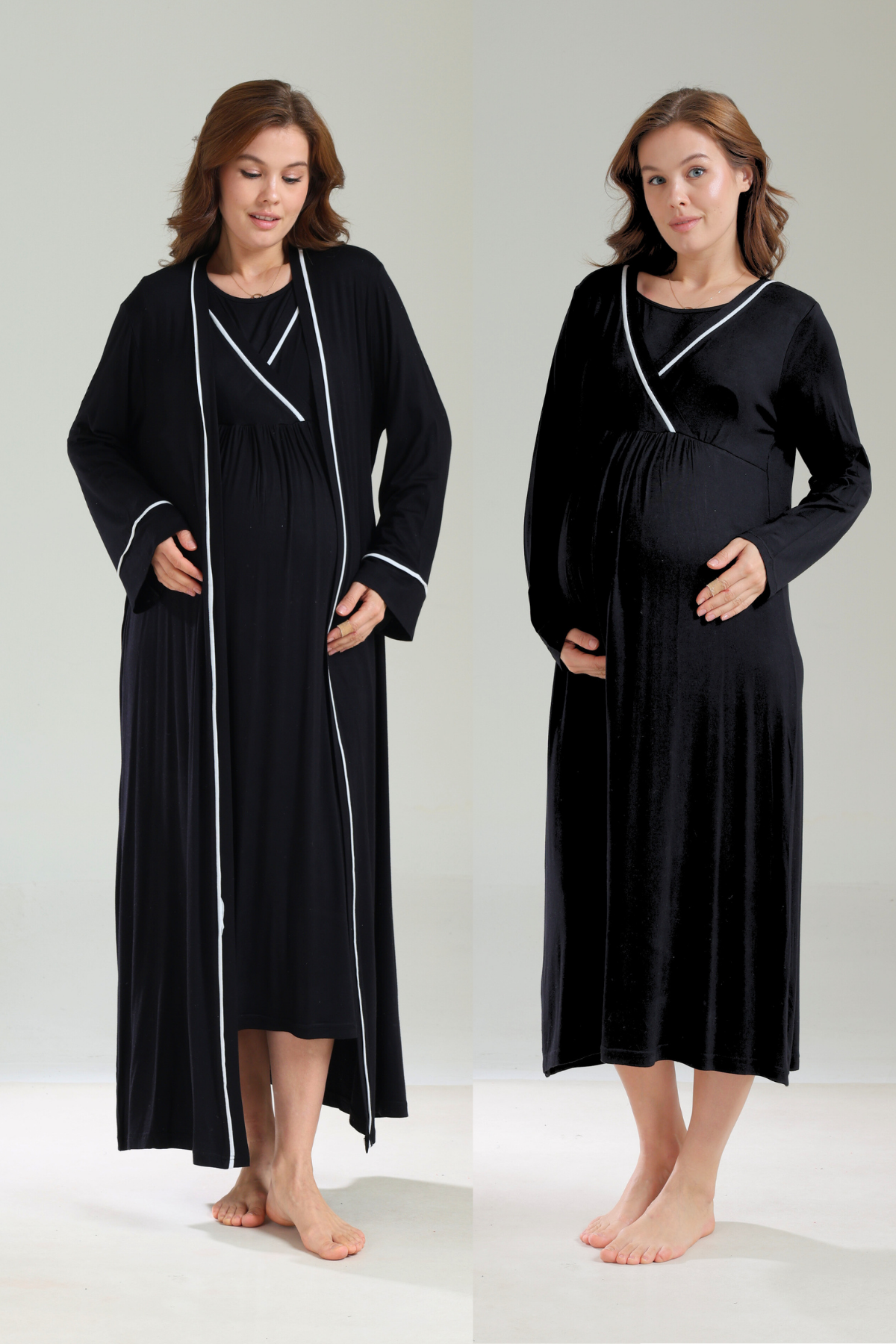 Uzun Kollu Siyah Biyeli Kruvaze Sabahlıklı Lohusa Gecelik Takımı - 1041