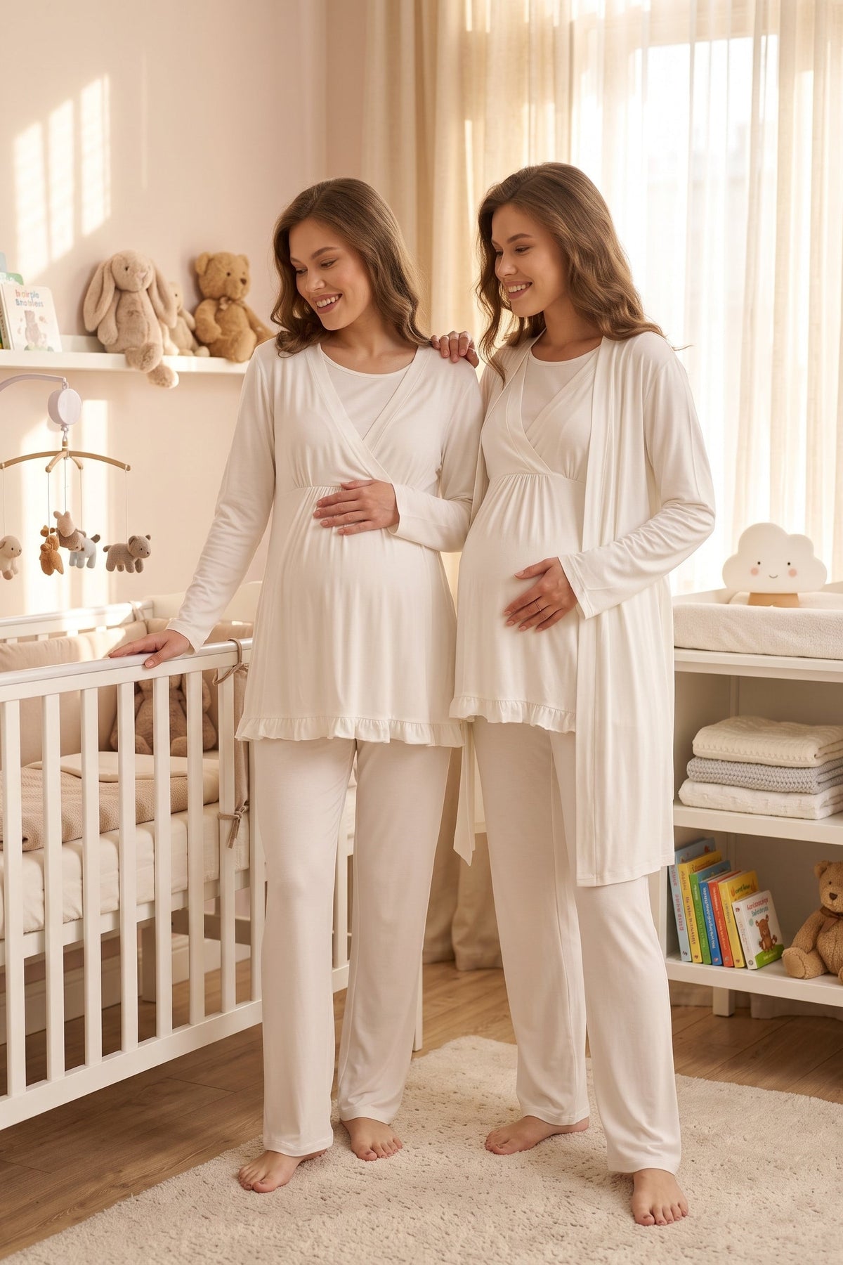 Ekru Kruvaze Sade Uzun Kollu Sabahlıklı Lohusa Pijama Takımı - 624