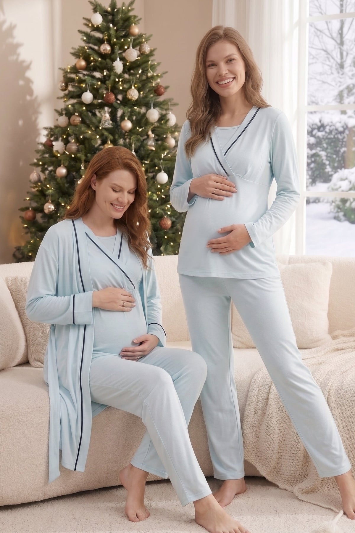 Mavi Biyeli Uzun Kollu Sabahlıklı Gizli Emzirme Özellikli  Lohusa Pijama Takımı-547