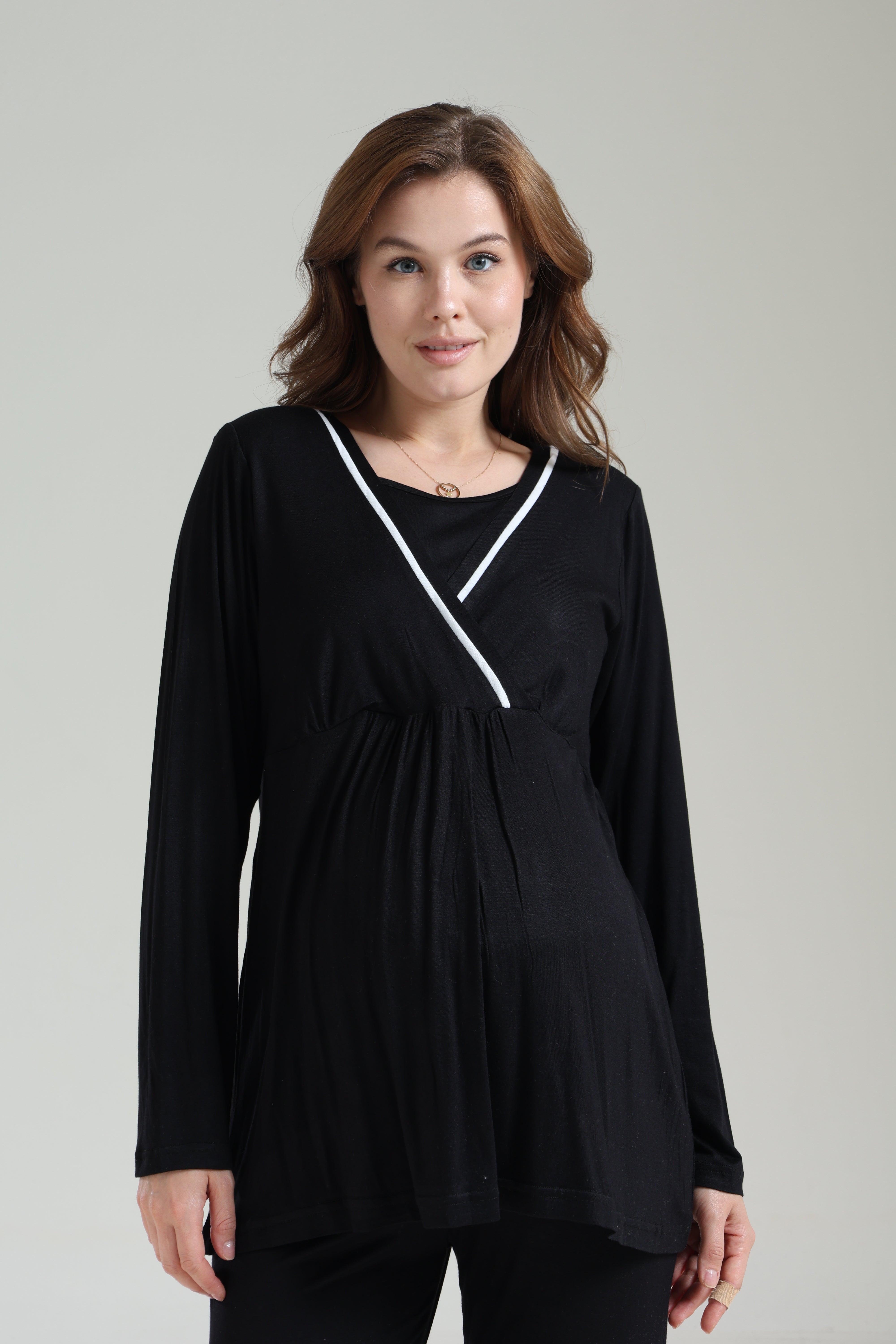 Uzun Kollu Siyah Biyeli Kruvaze Sabahlıklı Lohusa Pijama Takımı 1040