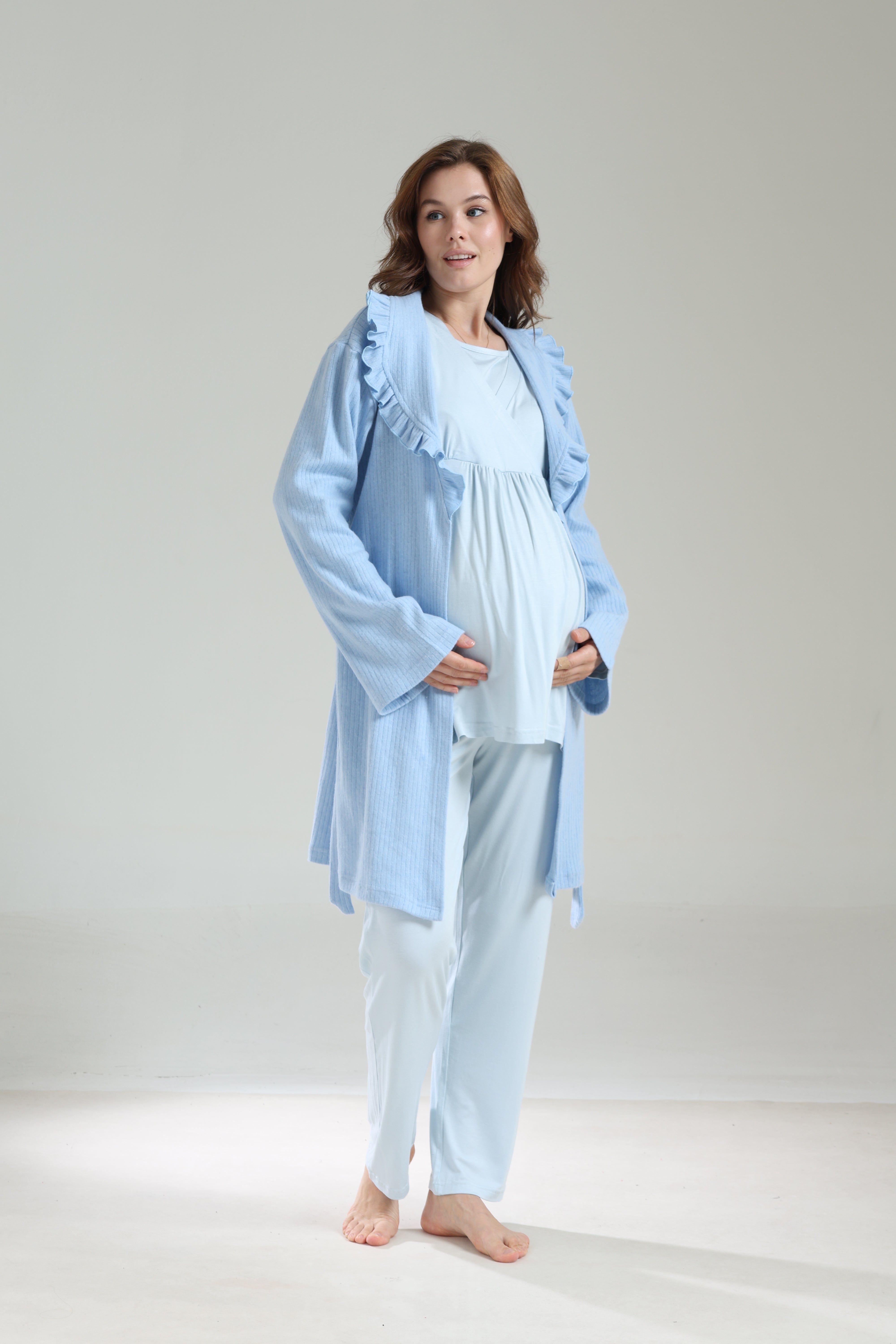 Mavi Kışlık Bebe Yaka Sabahlıklı Kruvaze Lohusa Pijama Takımı 1039