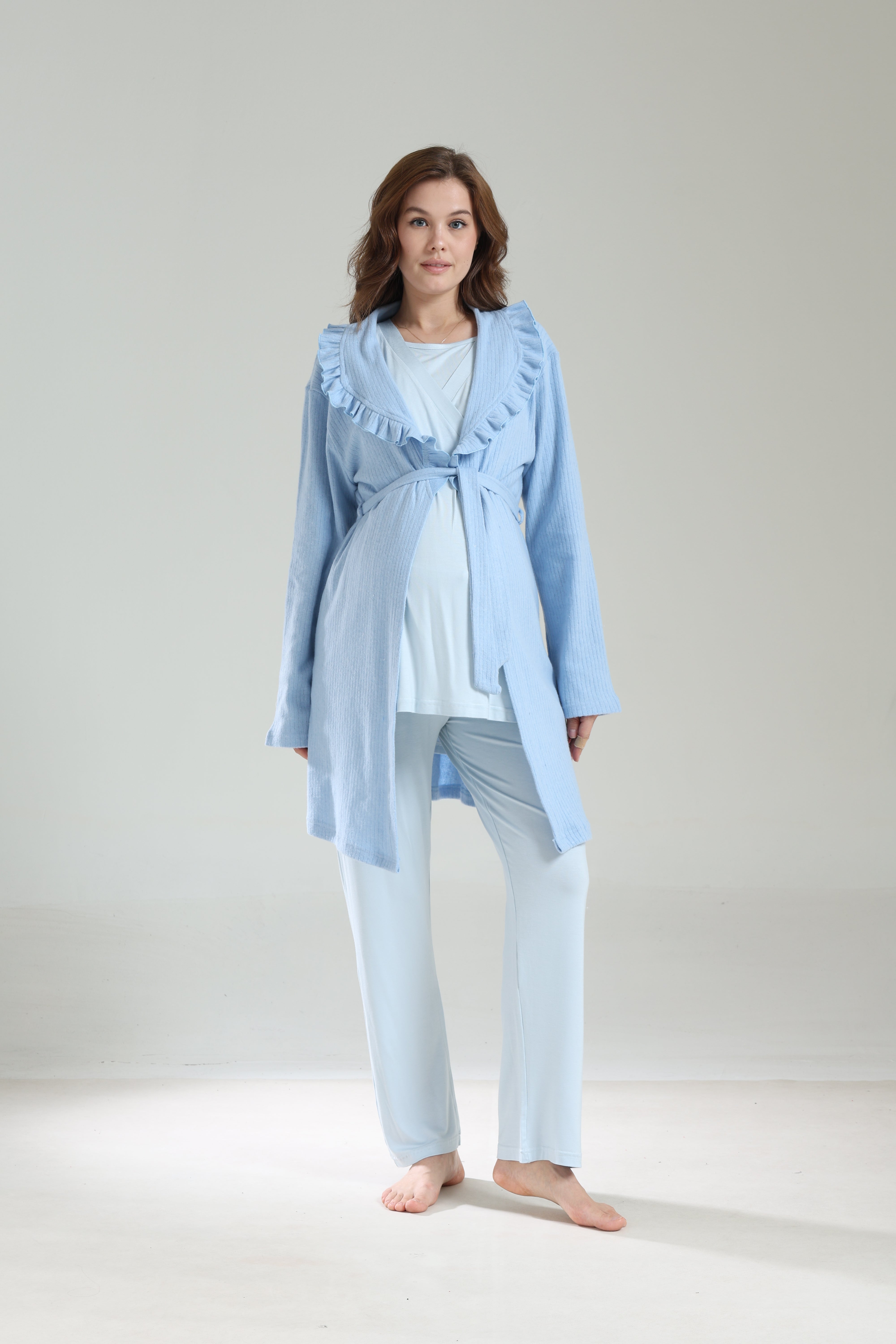 Mavi Kışlık Bebe Yaka Sabahlıklı Kruvaze Lohusa Pijama Takımı 1039