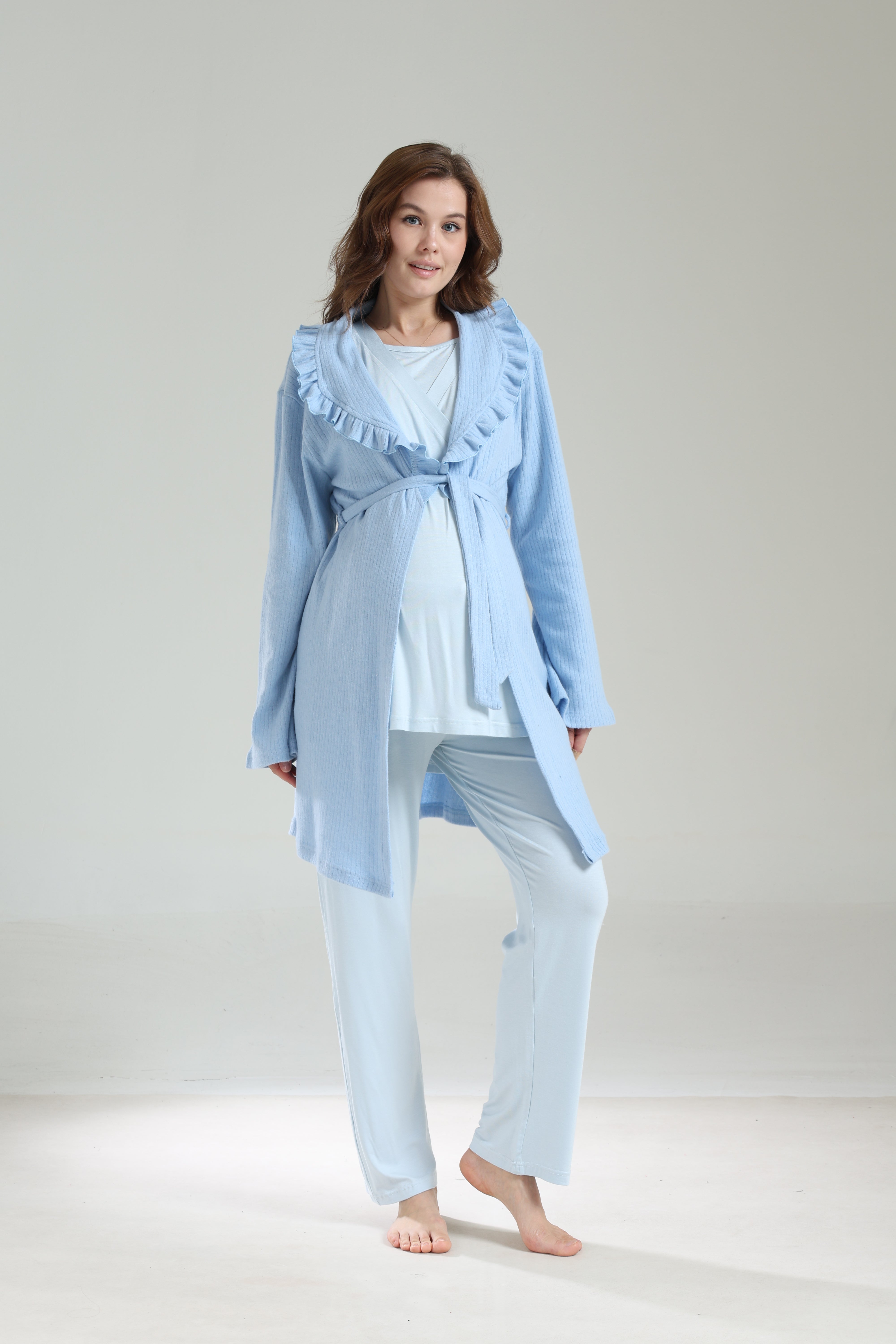 Mavi Kışlık Bebe Yaka Sabahlıklı Kruvaze Lohusa Pijama Takımı 1039