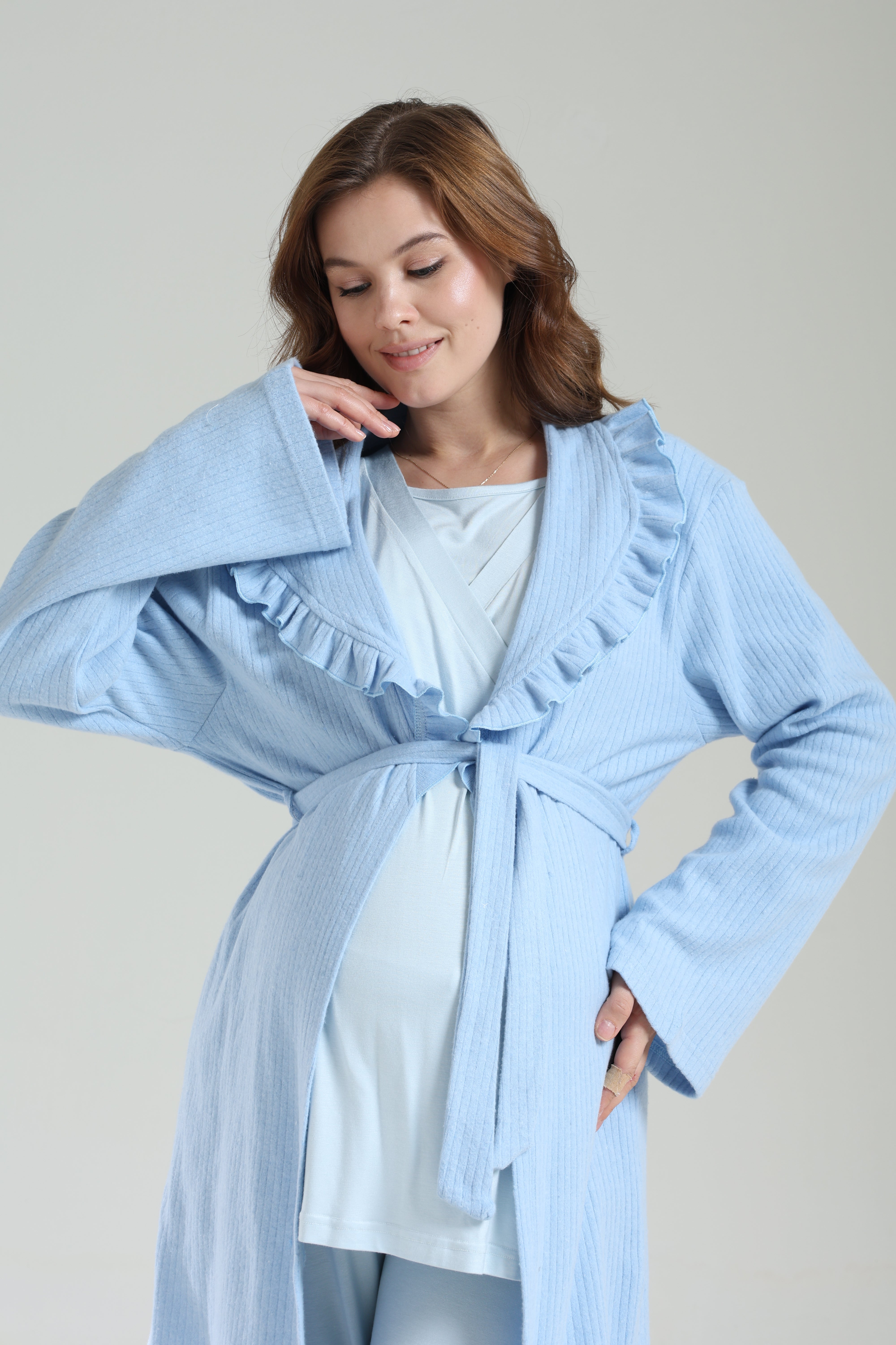 Mavi Kışlık Bebe Yaka Sabahlıklı Kruvaze Lohusa Pijama Takımı 1039