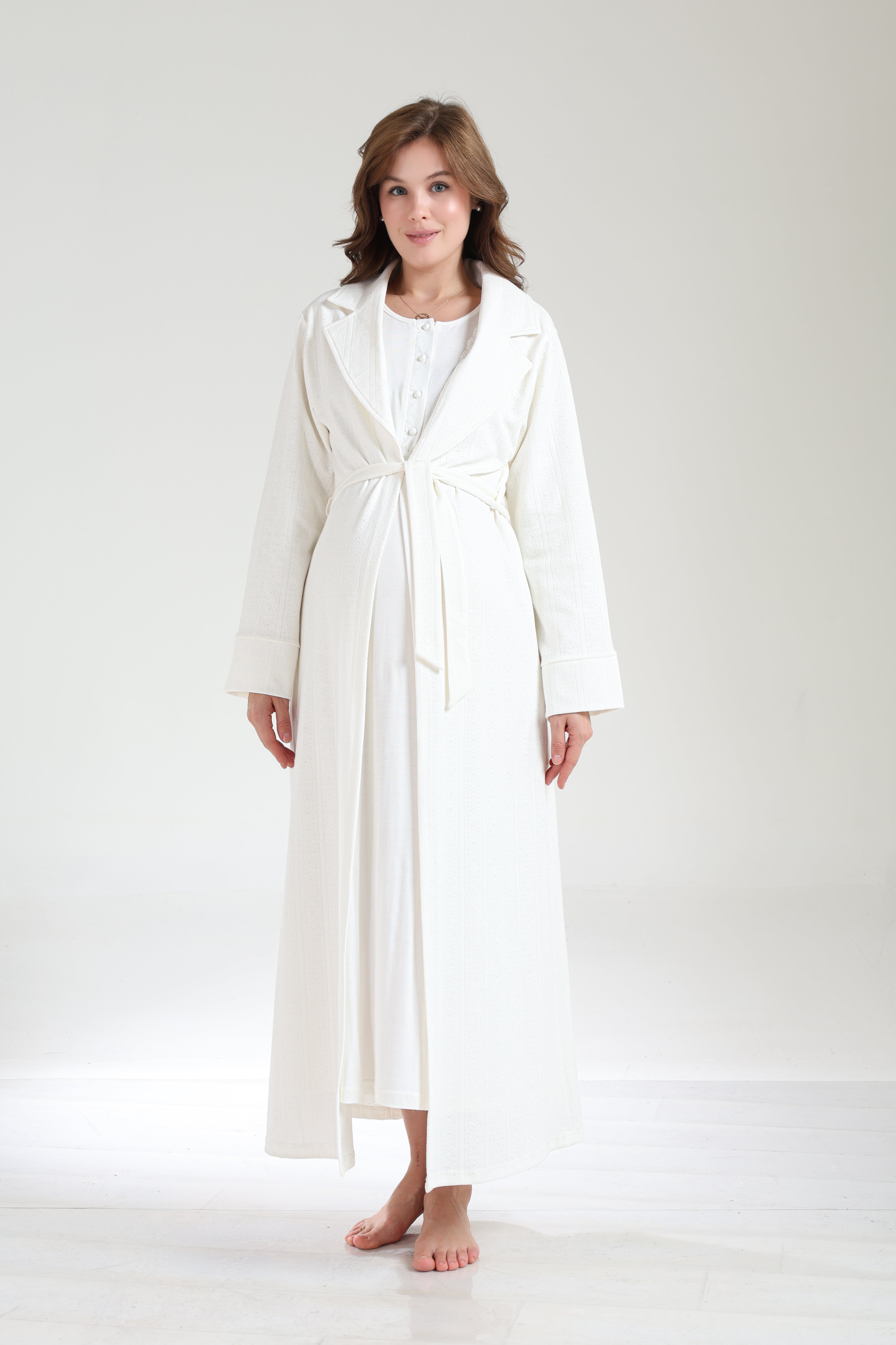 Ekru Jakar Sabahlıklı Kışlık Yumuşak Dokulu Lohusa Gecelik Takımı -1034