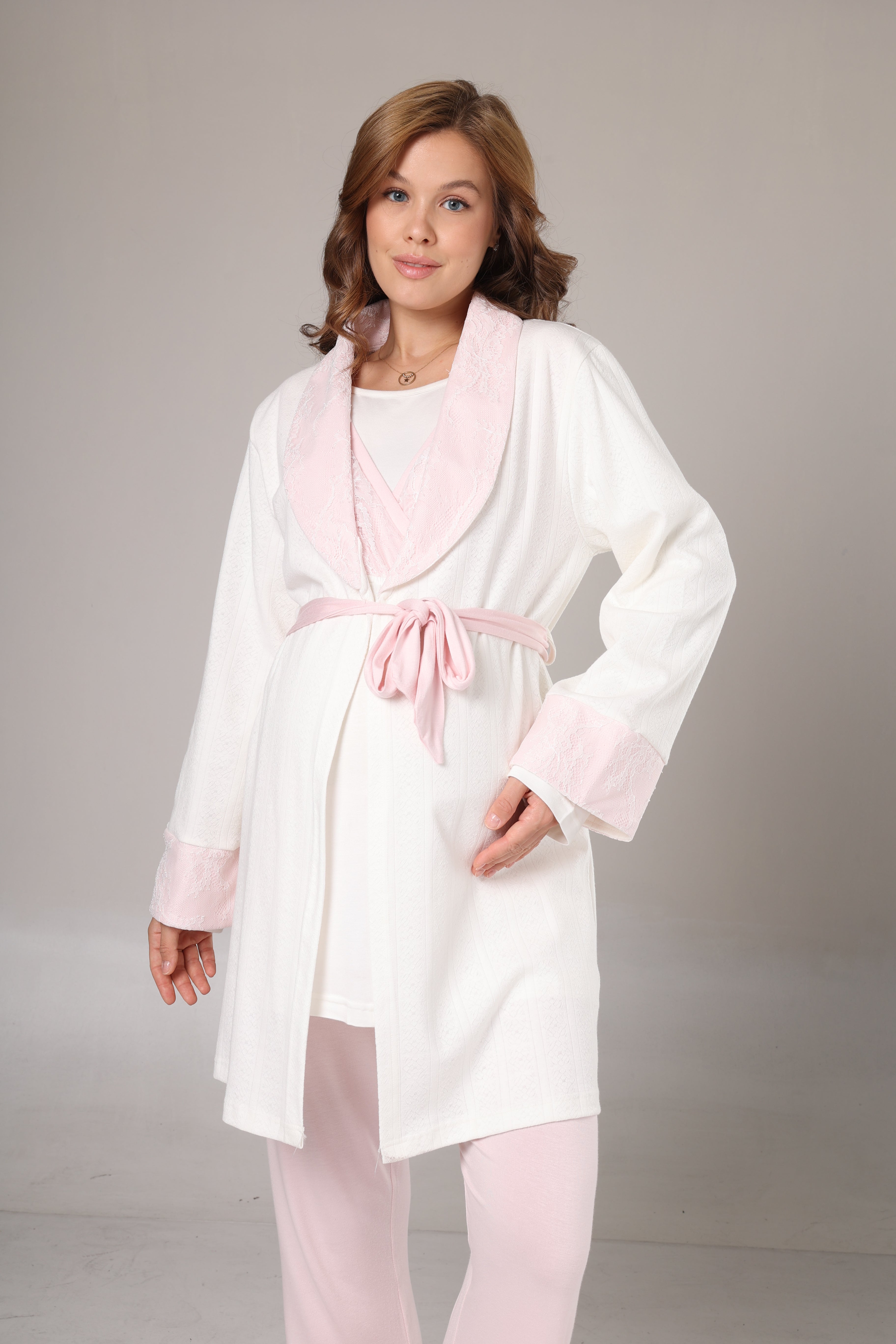 Kışlık Pamuk Sabahlıklı Kruvaze Yaka Lohusa Pijama Takımı Pembe - 1000
