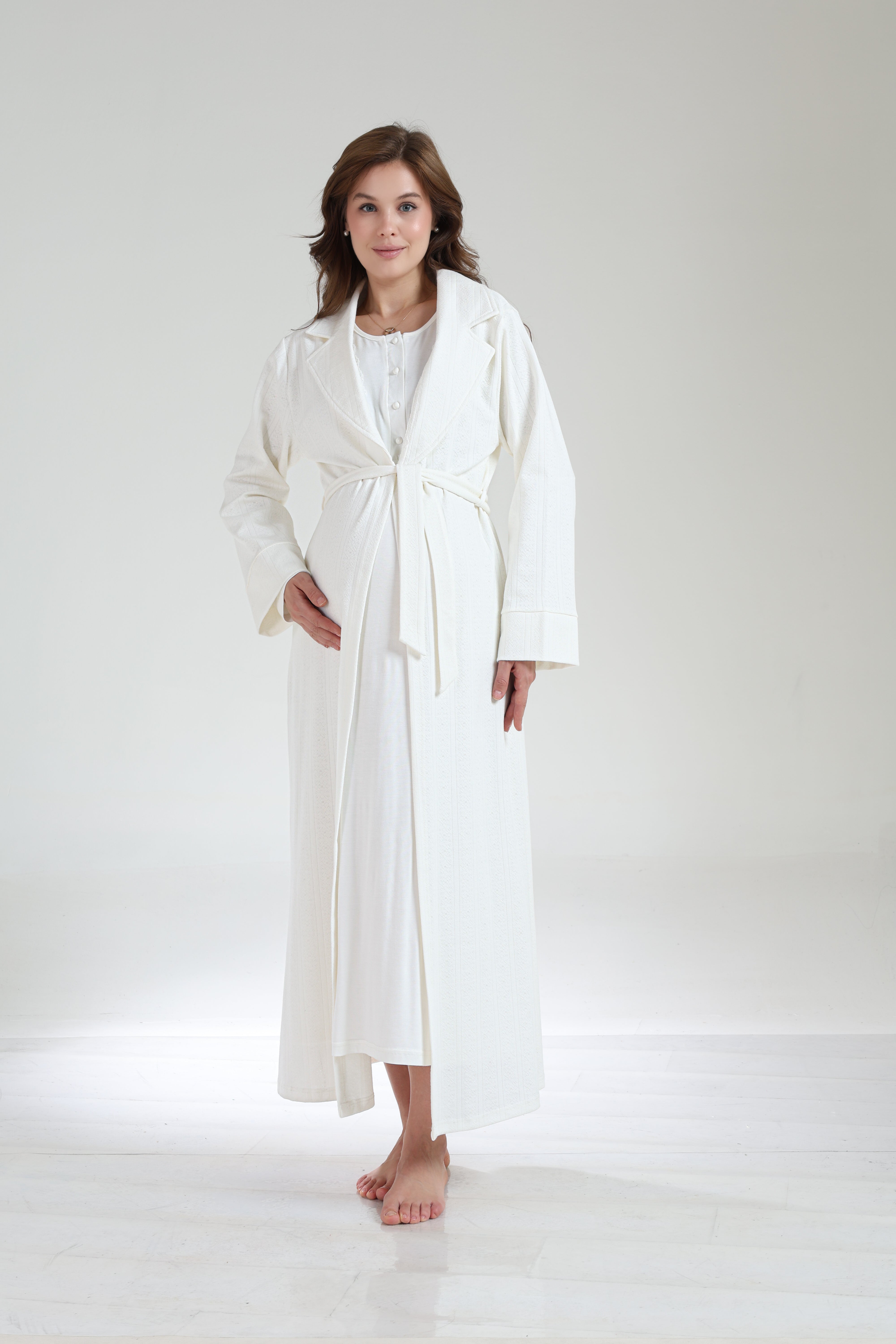 Ekru Jakar Sabahlıklı Kışlık Yumuşak Dokulu Lohusa Gecelik Takımı -1034