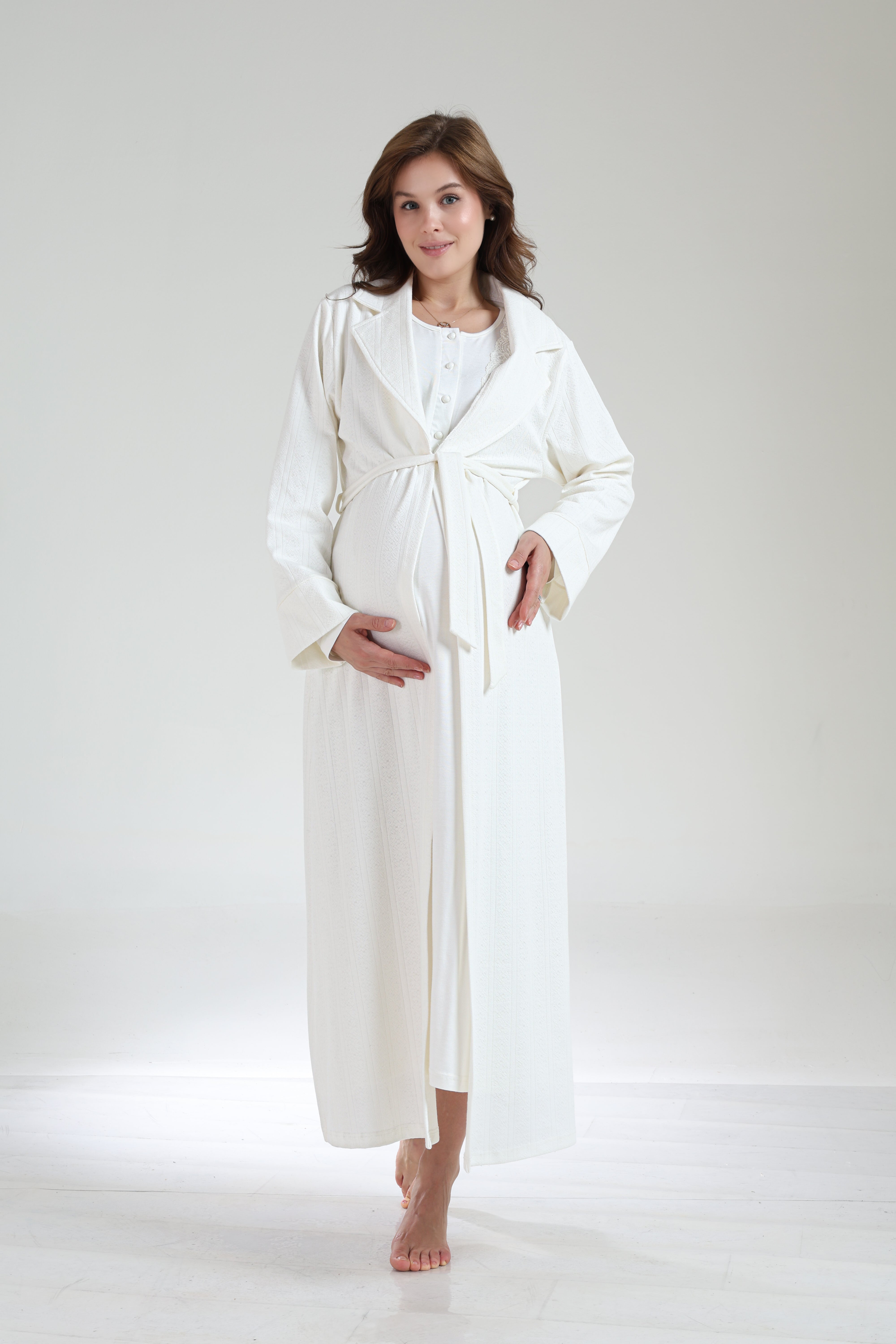 Ekru Jakar Sabahlıklı Kışlık Yumuşak Dokulu Lohusa Gecelik Takımı -1034