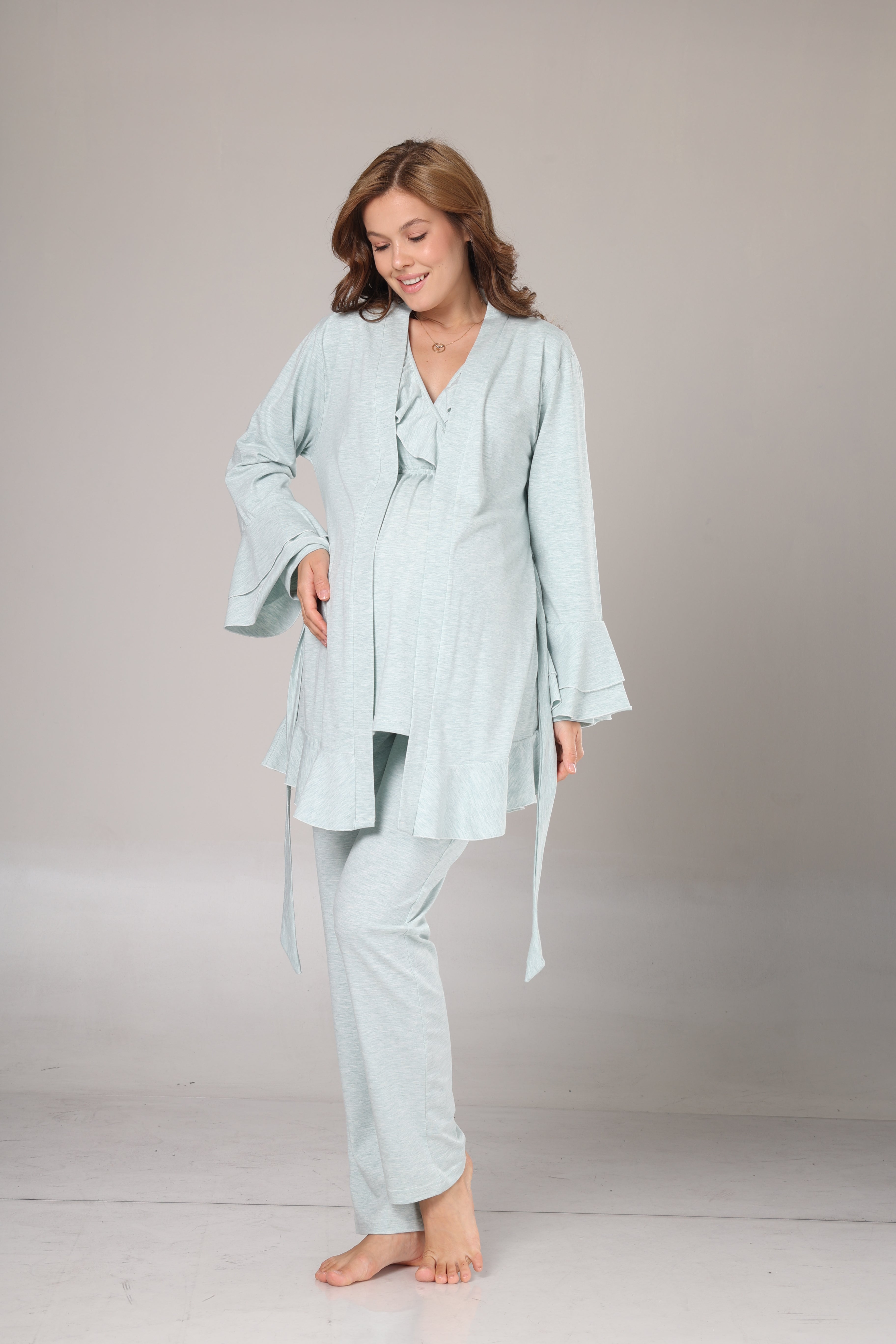 Su Yeşili Uzun Kollu Yumuşak Dokulu Sabahlıklı Kruvaze Lohusa Pijama Takımı 1014