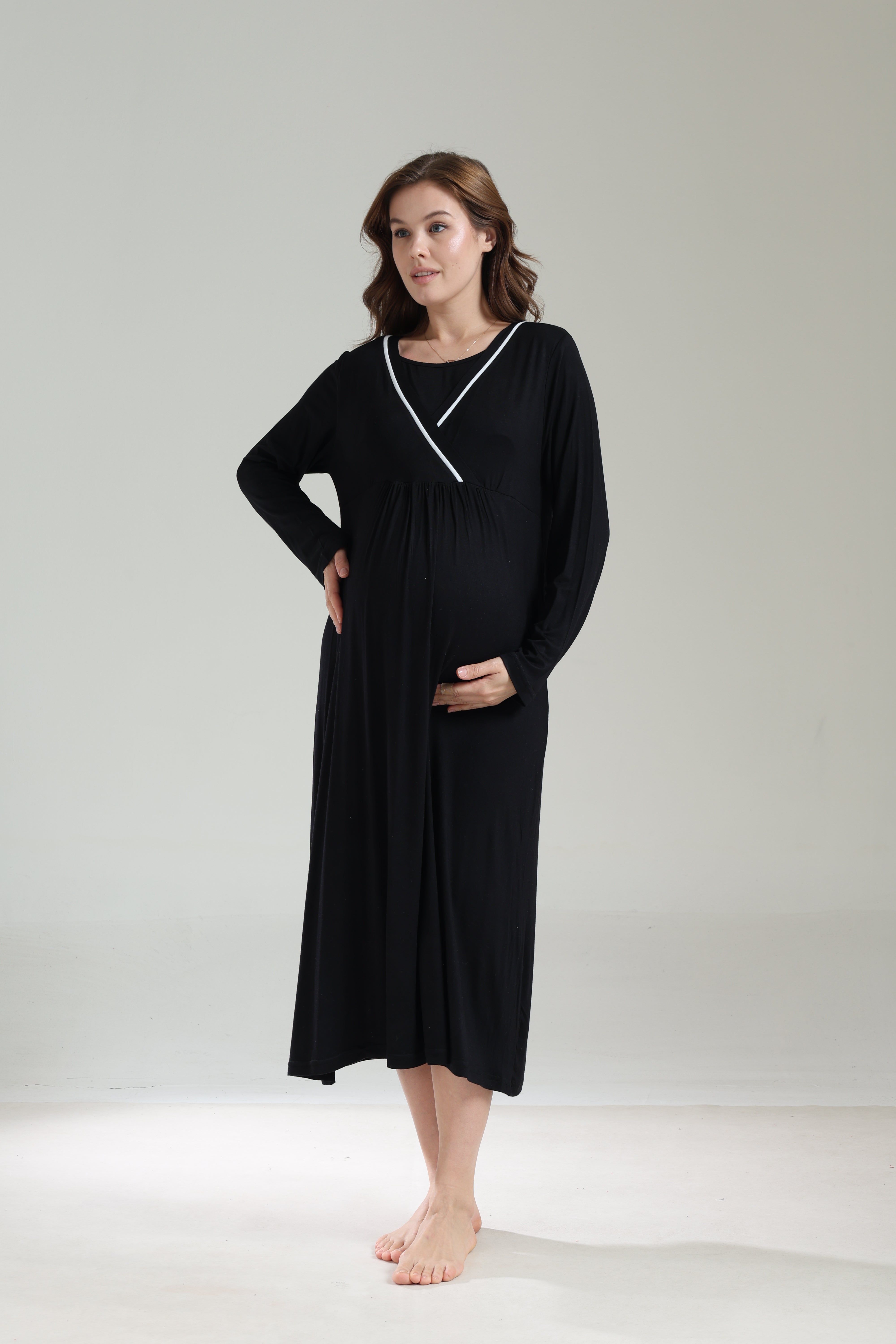 Uzun Kollu Siyah Biyeli Kruvaze Sabahlıklı Lohusa Gecelik Takımı - 1041