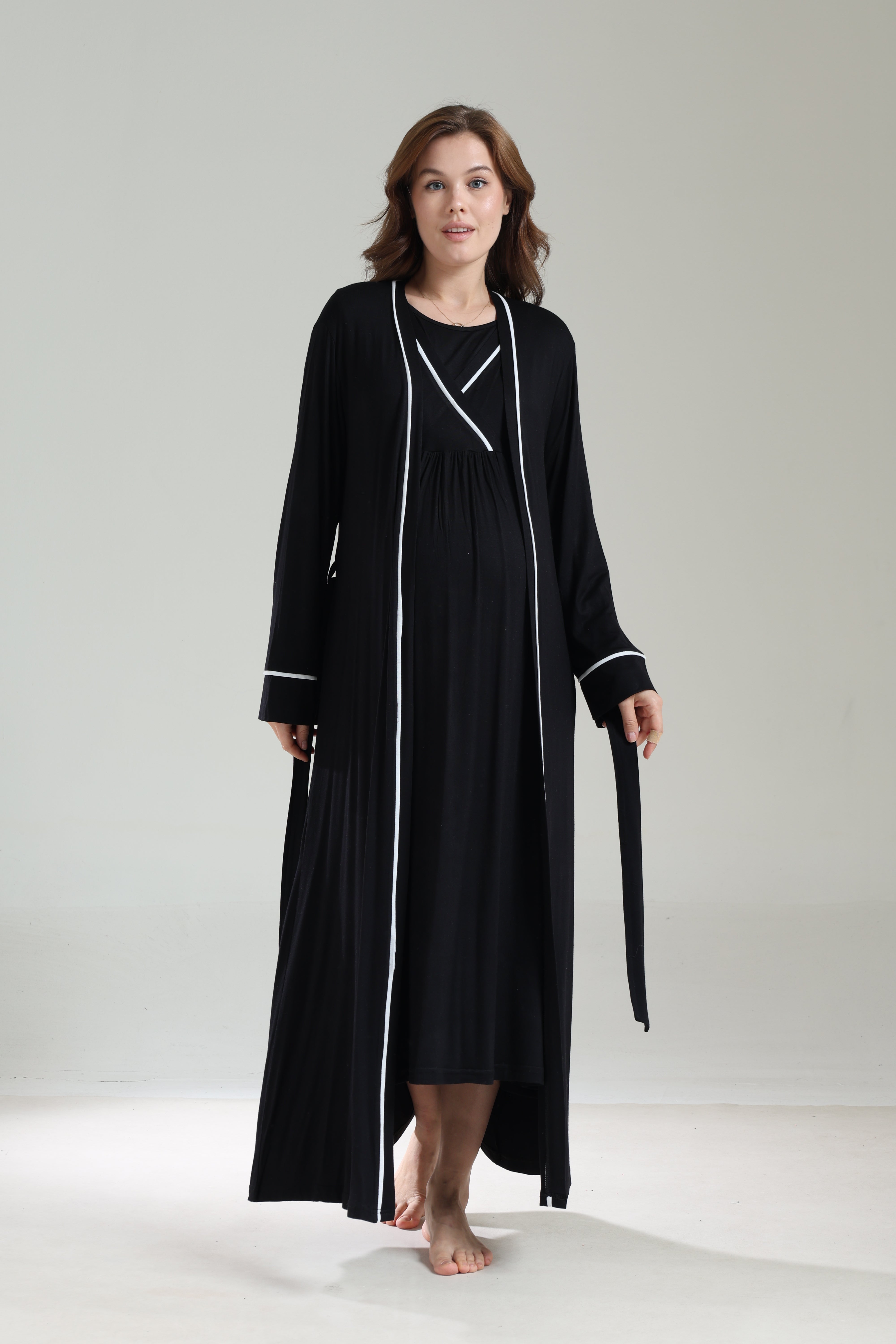 Uzun Kollu Siyah Biyeli Kruvaze Sabahlıklı Lohusa Gecelik Takımı - 1041