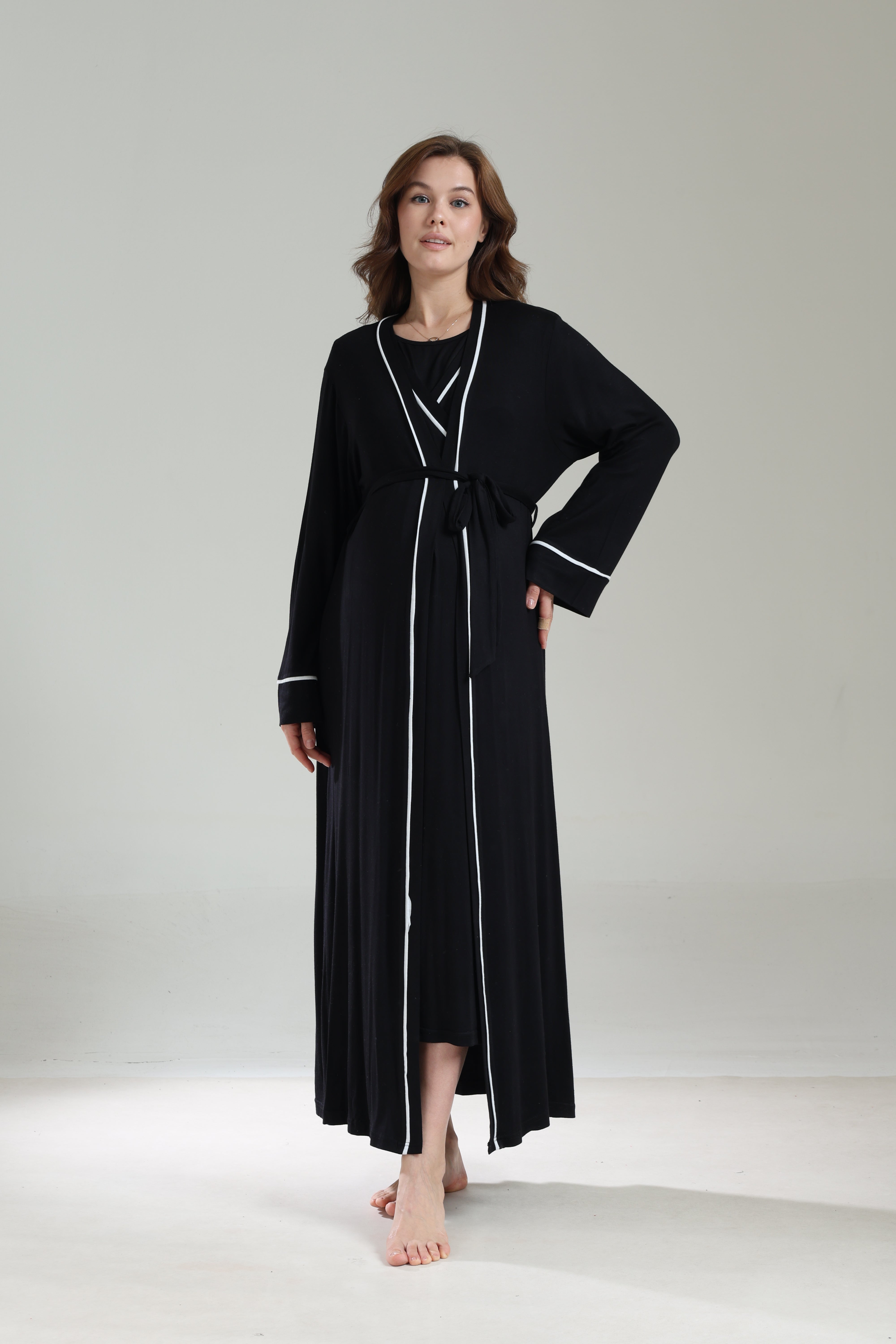 Uzun Kollu Siyah Biyeli Kruvaze Sabahlıklı Lohusa Gecelik Takımı - 1041