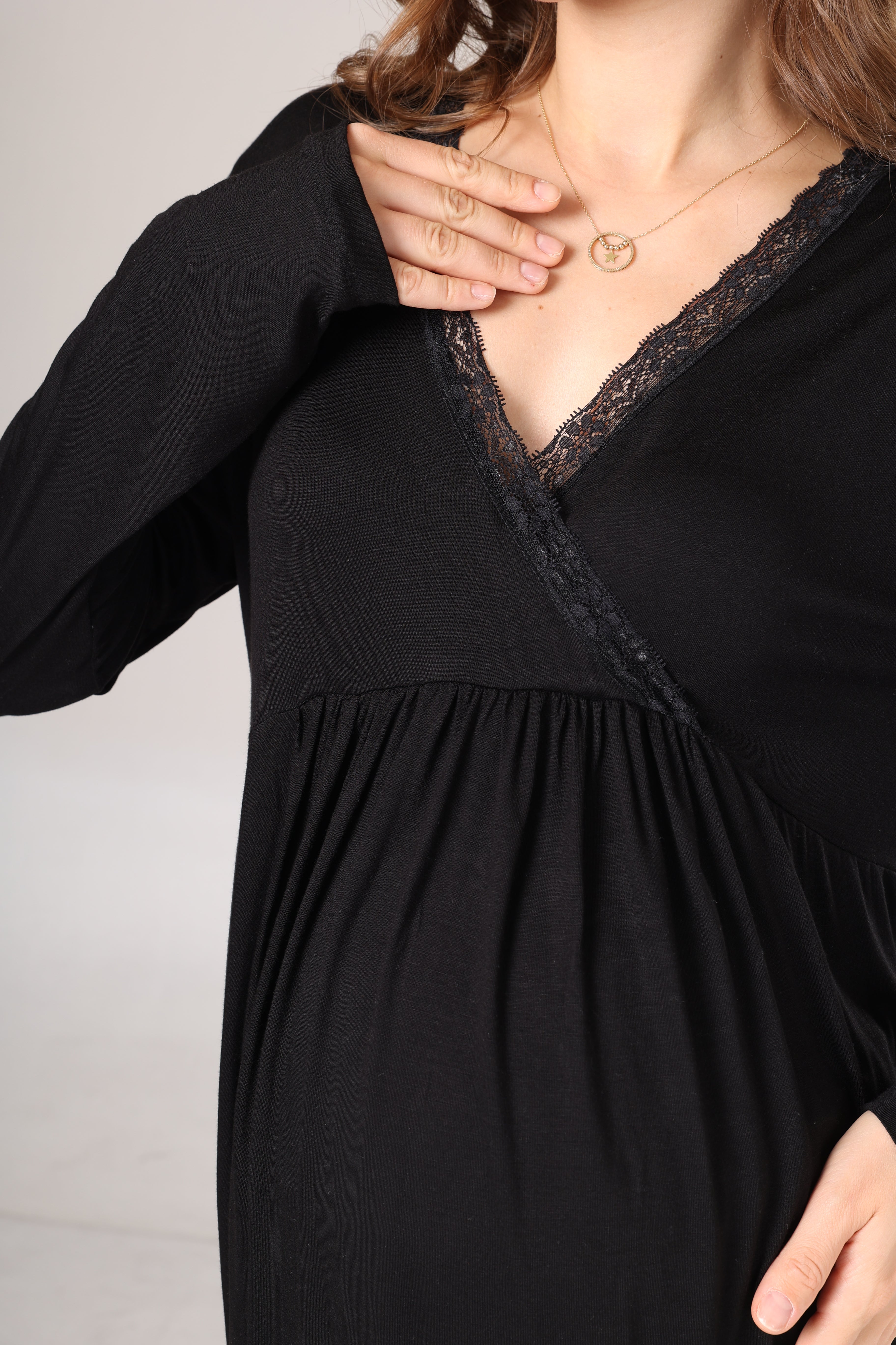 Kışlık Siyah Fitilli Dantel Detaylı Sabahlıklı Lohusa Pijama Takımı-1022