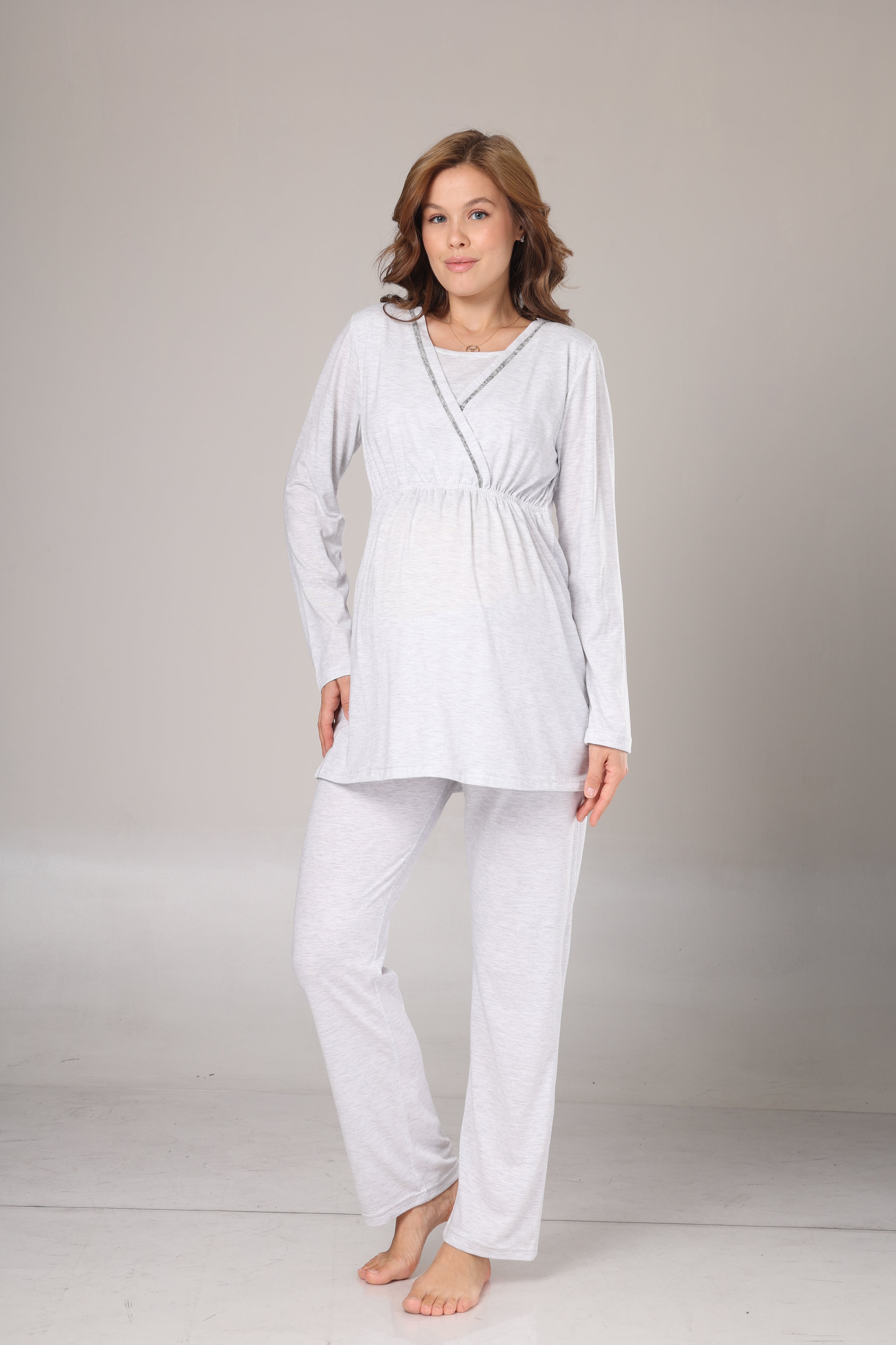 Kışlık Gri Polar Sabahlıklı Lohusa Pijama Takımı- 1019