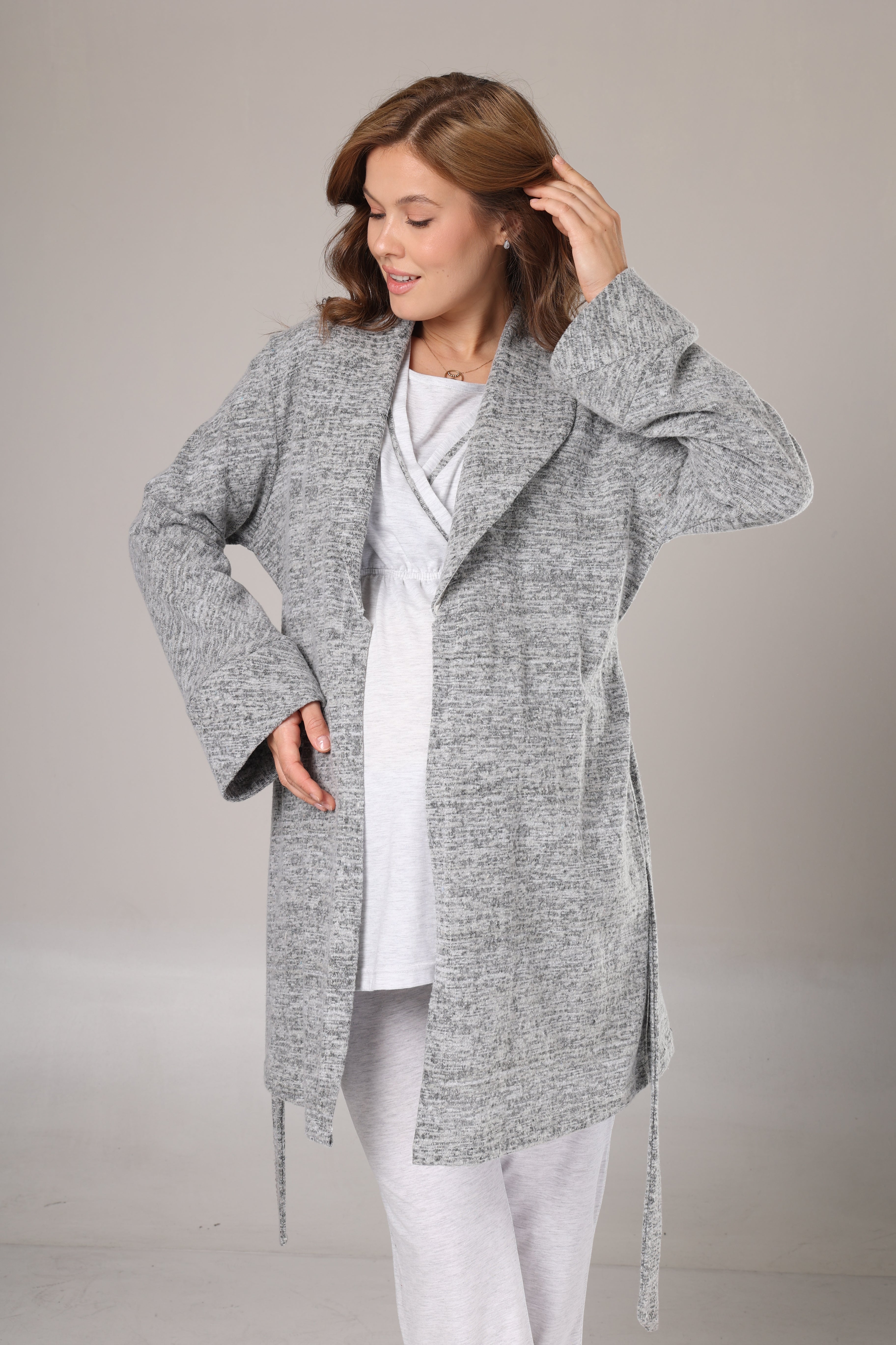 Kışlık Gri Polar Sabahlıklı Lohusa Pijama Takımı- 1019