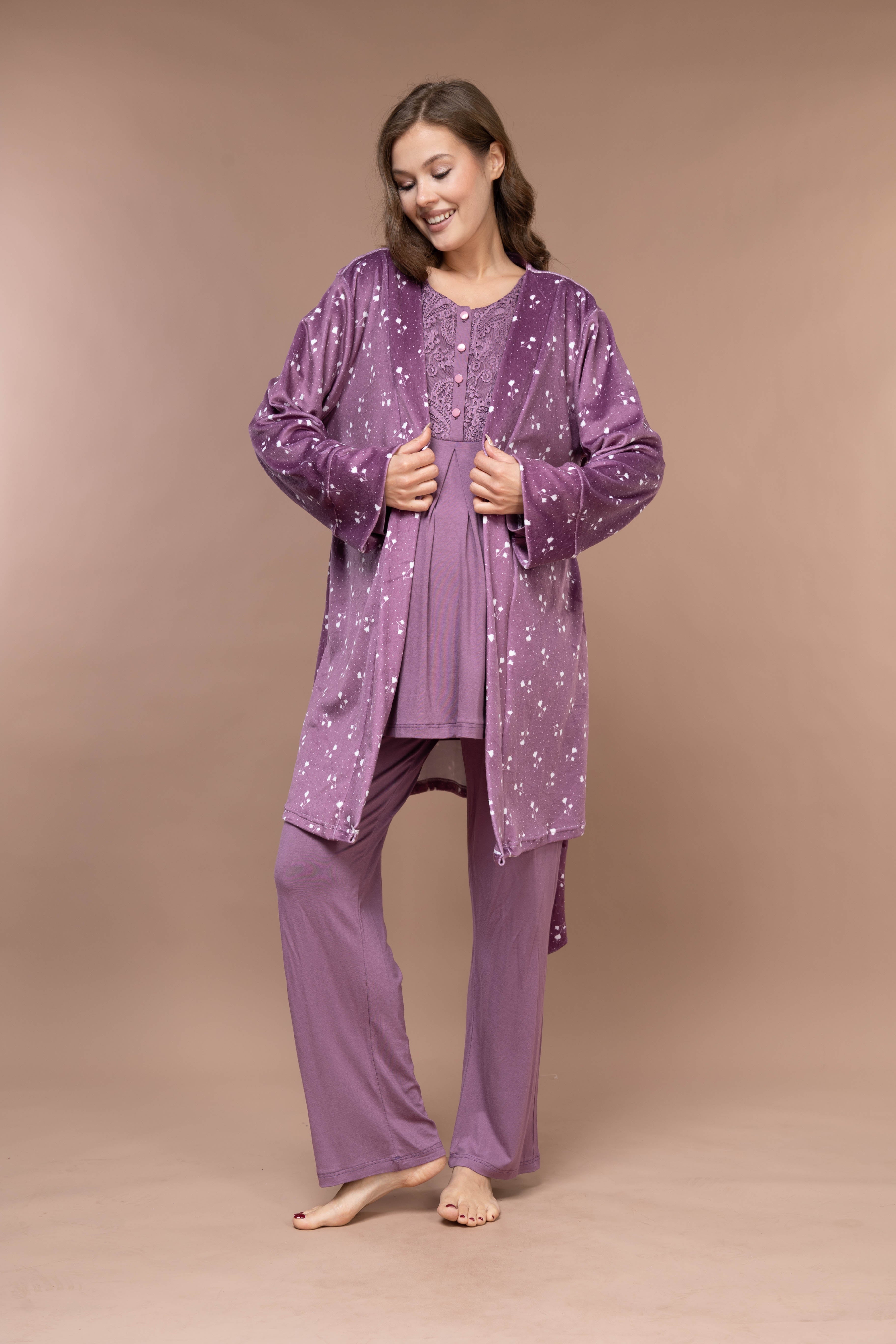 Yumuşak Kadife Sabahlıklı Kışlık Lohusa Pijama Takımı