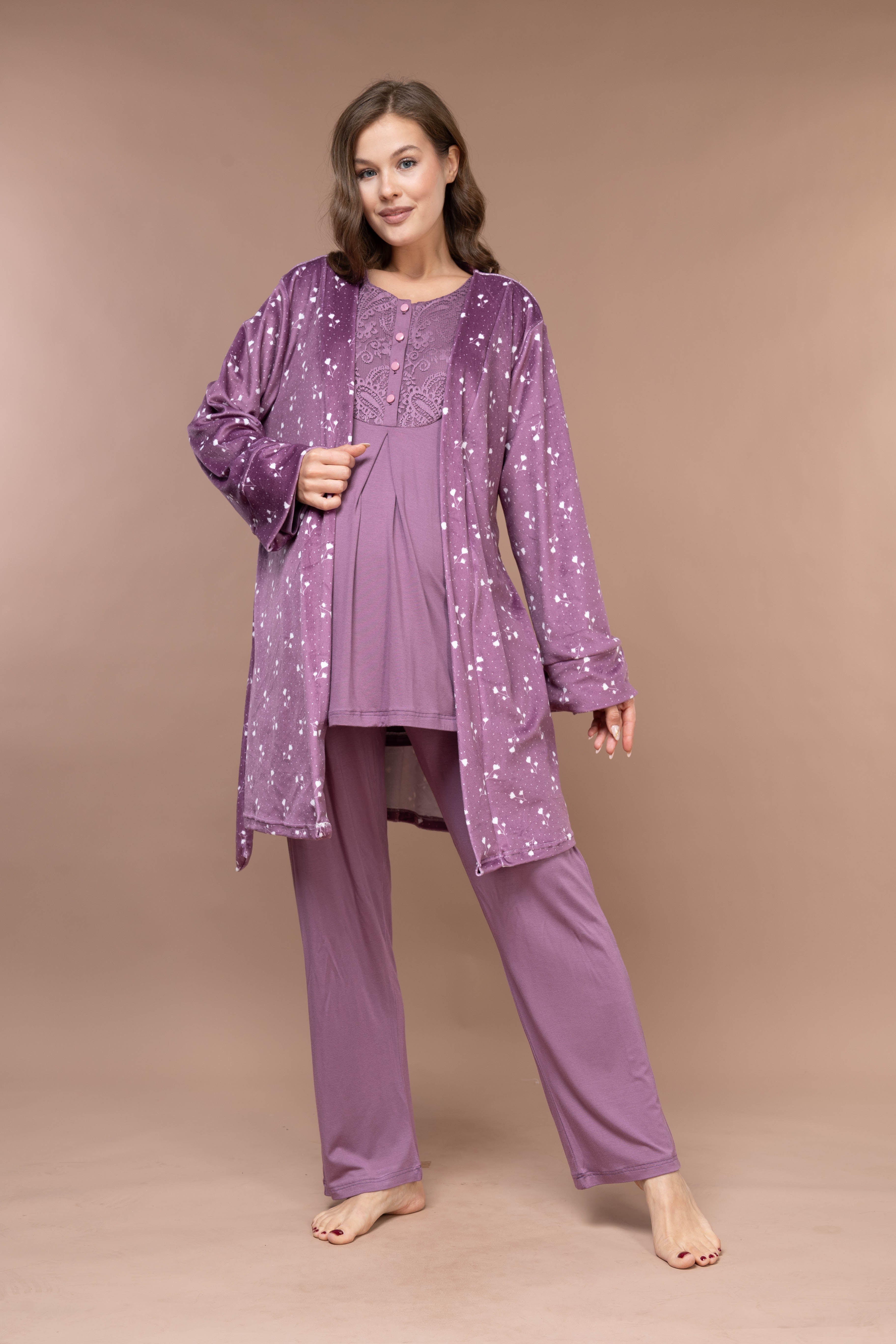 Yumuşak Kadife Sabahlıklı Kışlık Lohusa Pijama Takımı