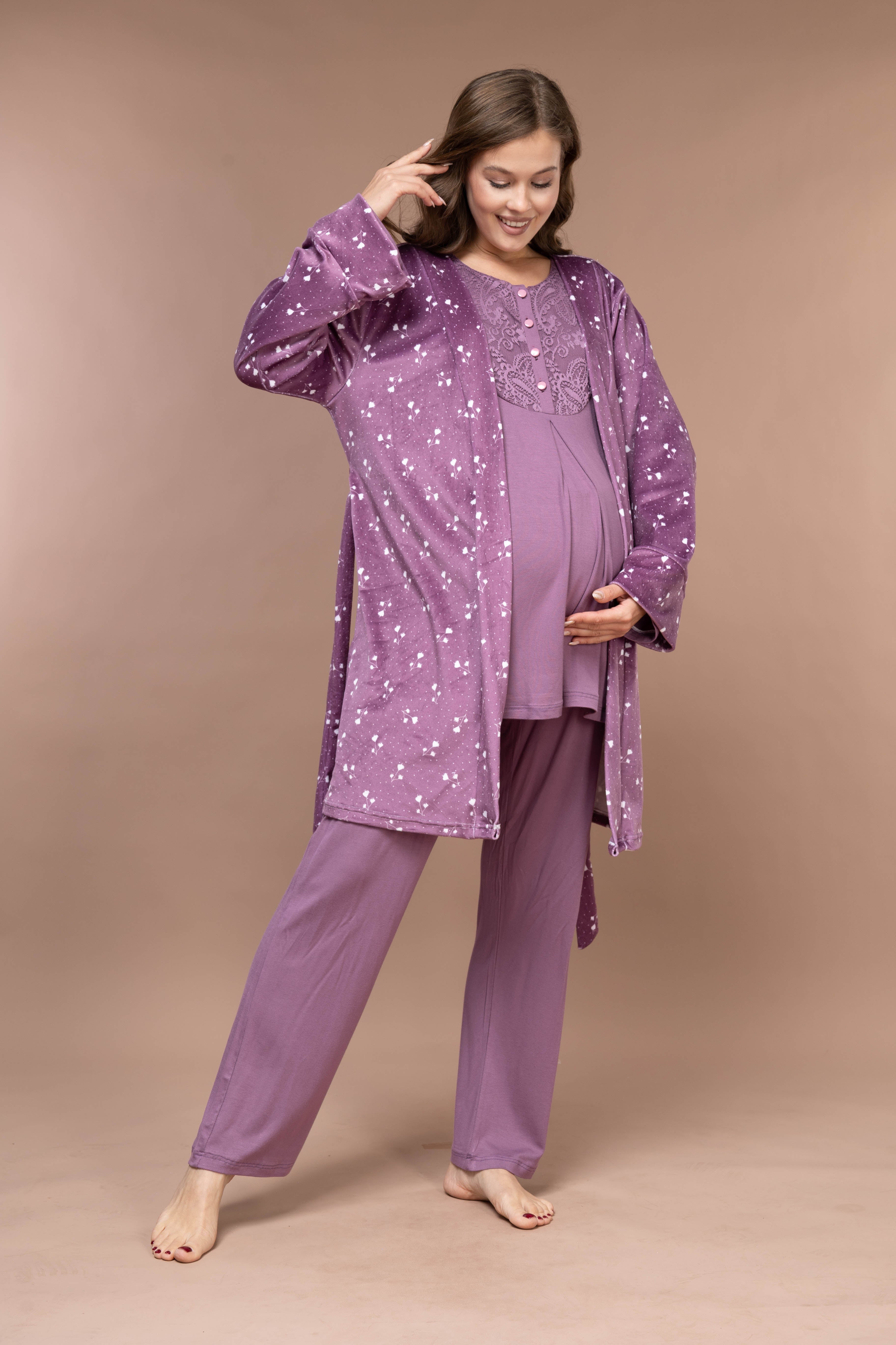 Yumuşak Kadife Sabahlıklı Kışlık Lohusa Pijama Takımı