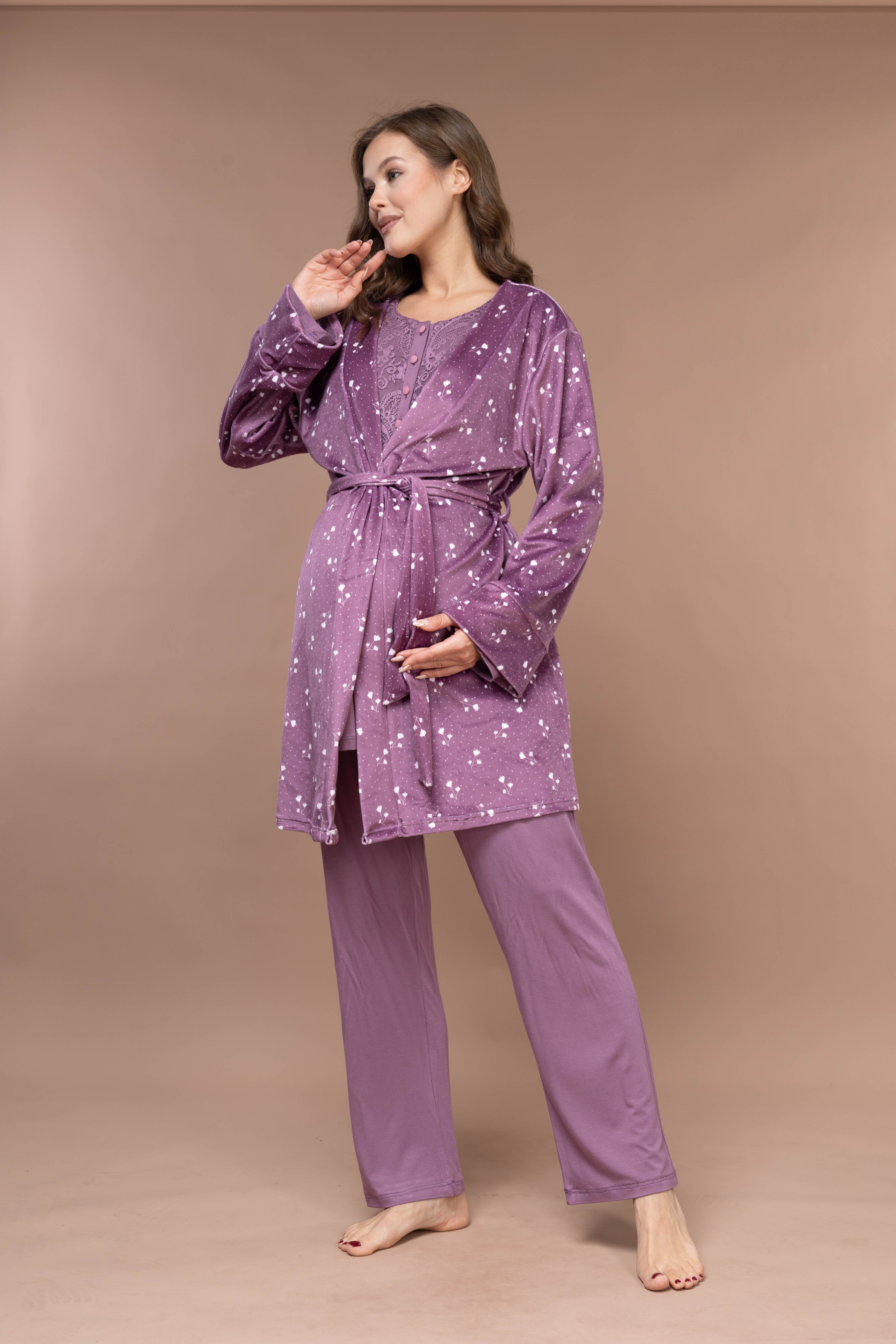 Yumuşak Kadife Sabahlıklı Kışlık Lohusa Pijama Takımı