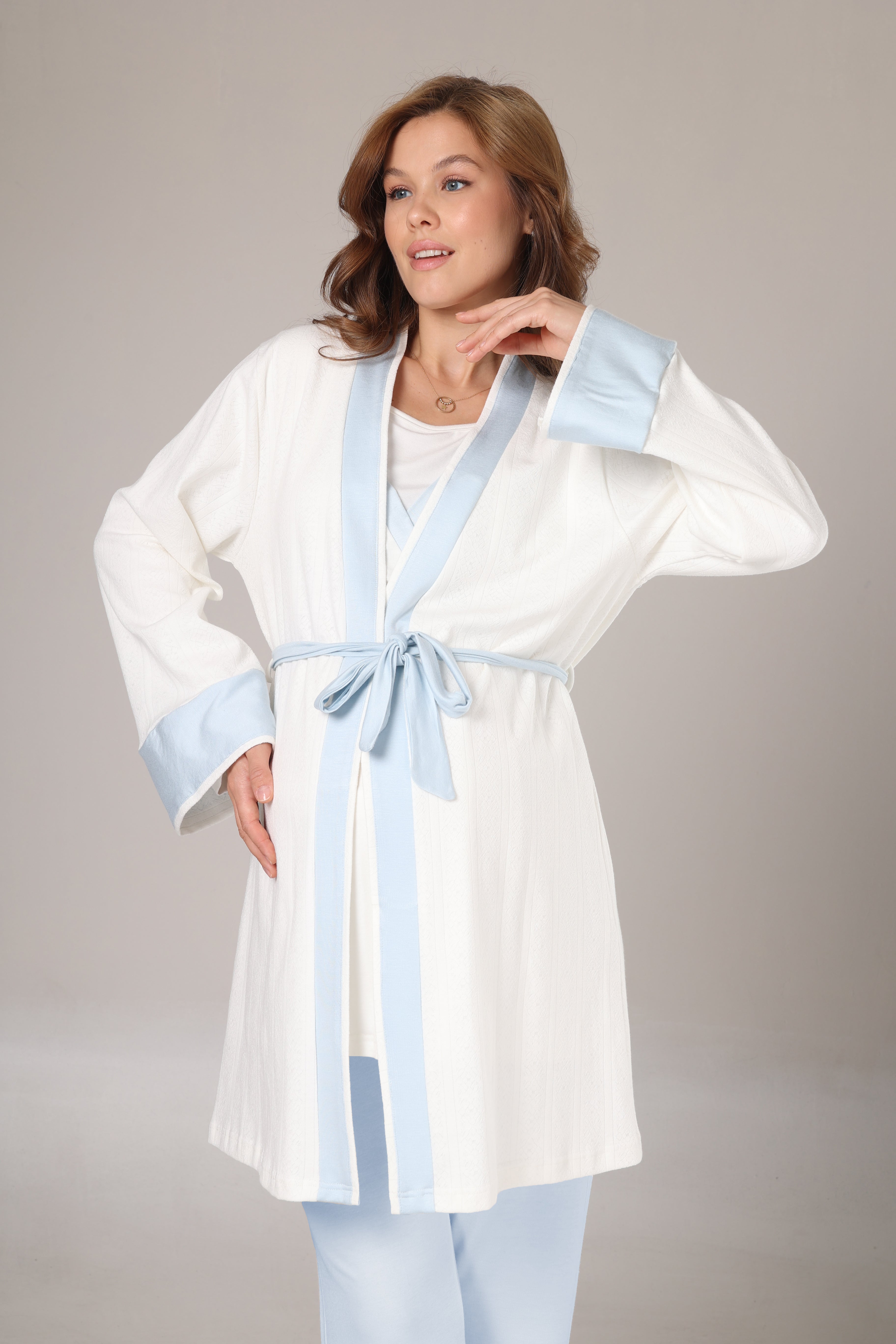 Kışlık Pamuk Sabahlıklı Mavi Şeritli Lohusa Pijama Takımı-1033