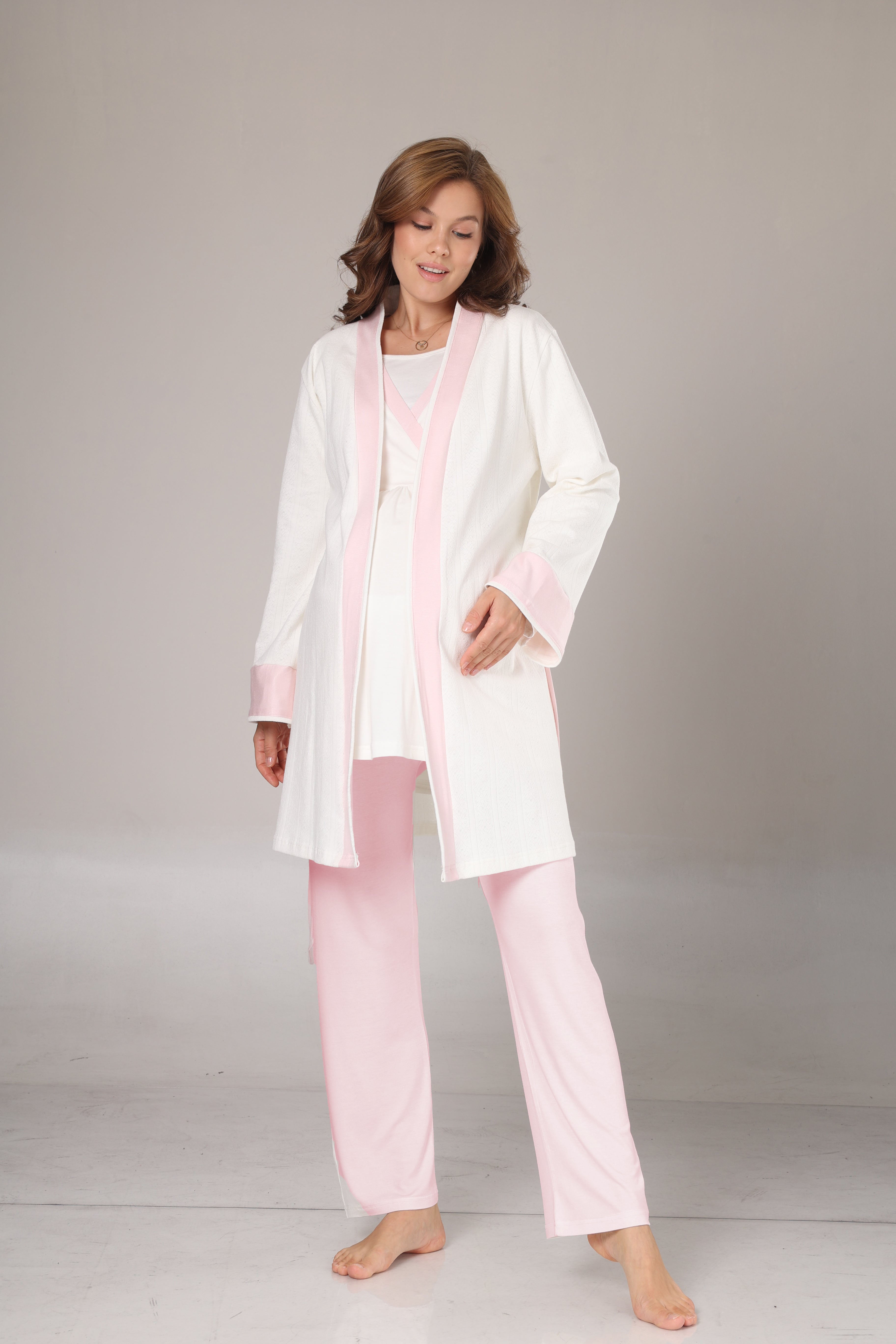 Kışlık Pamuk Sabahlıklı Pembe Şeritli Lohusa Pijama Takımı-1032