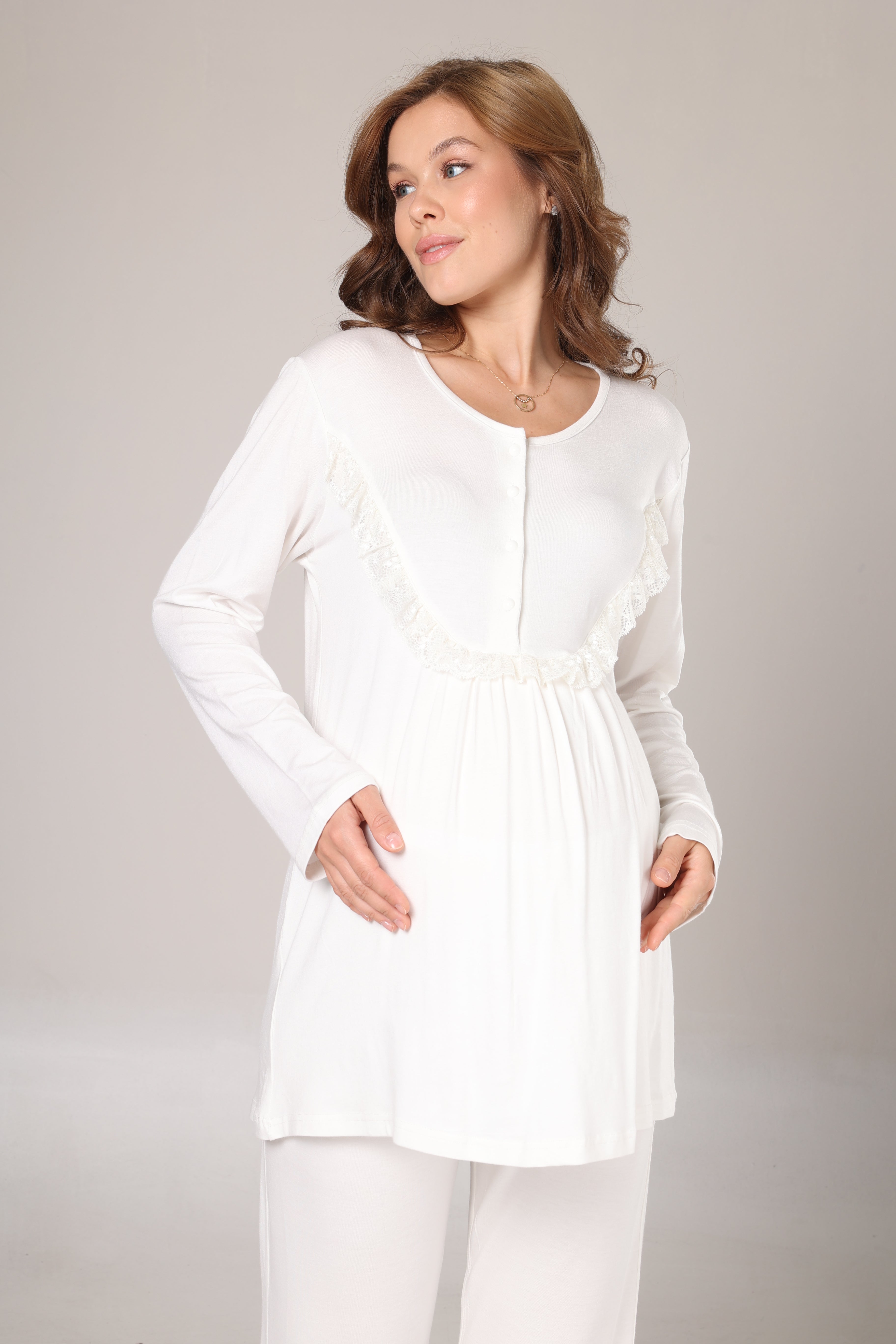 Krem Fırfır Yakalı Kışlık Sabahlıklı Lohusa Pijama Takımı 1010