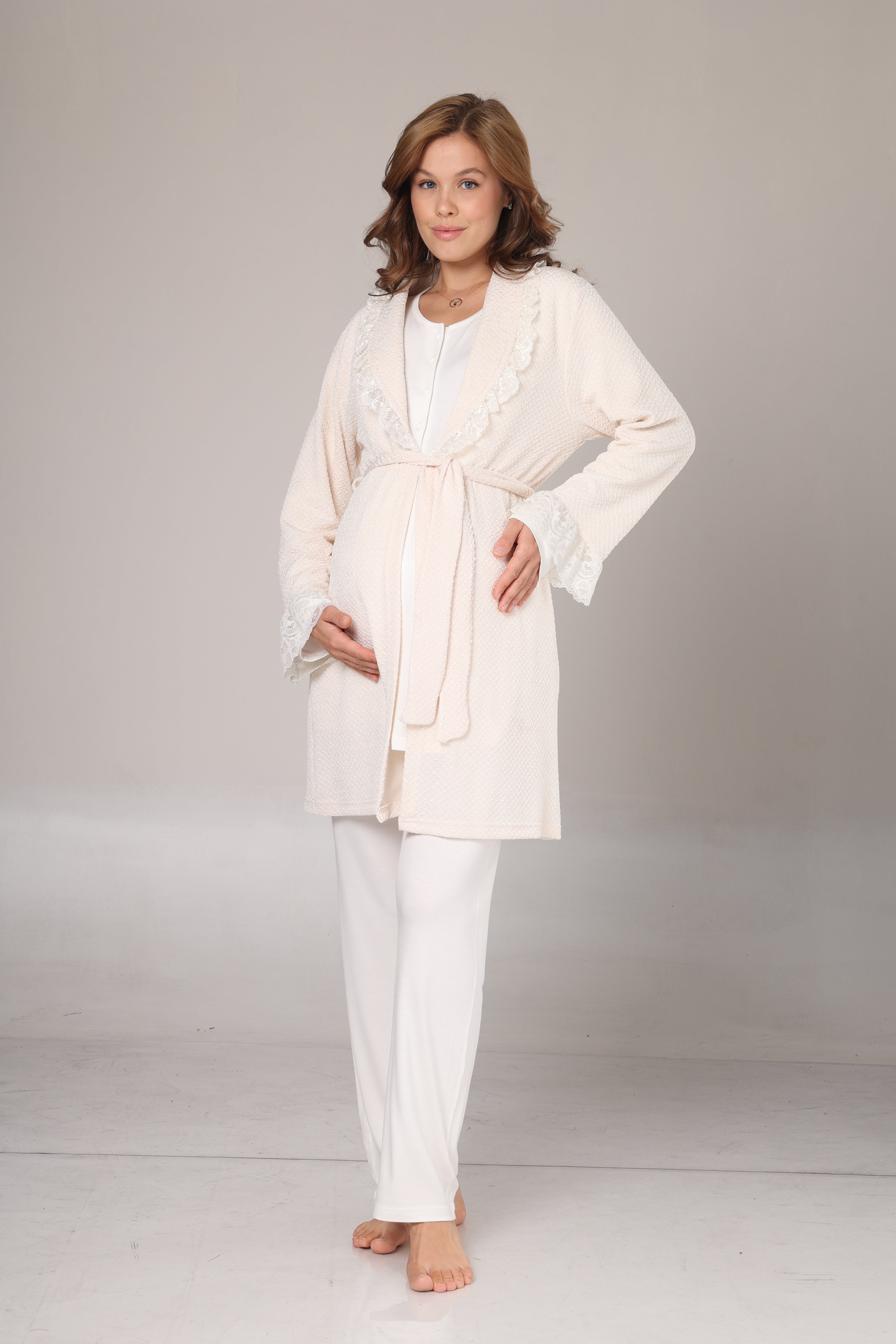 Krem Fırfır Yakalı Kışlık Sabahlıklı Lohusa Pijama Takımı 1010