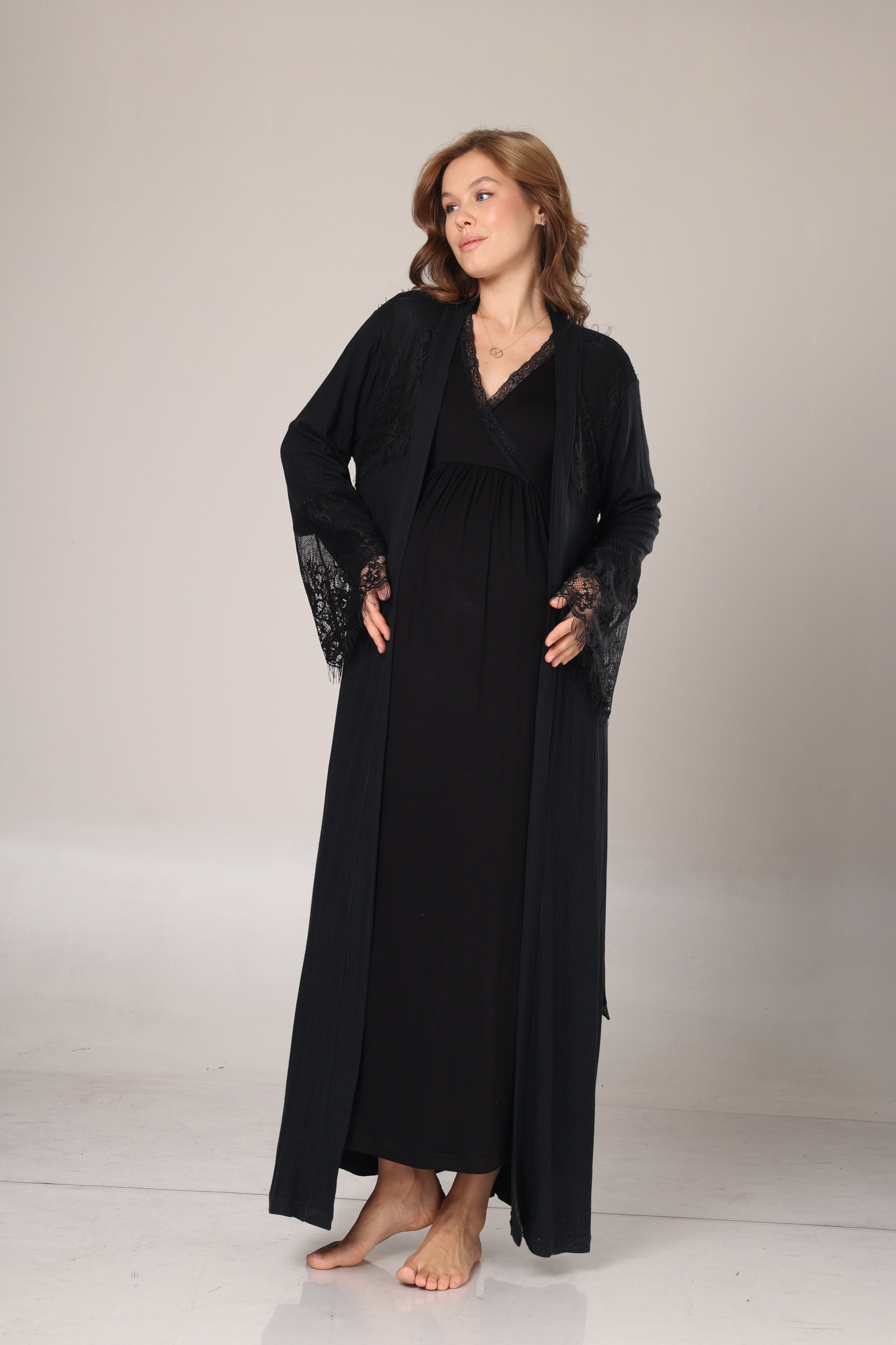 Kışlık Siyah Fitilli Dantel Detaylı Sabahlıklı Lohusa Gecelik Takımı -1006