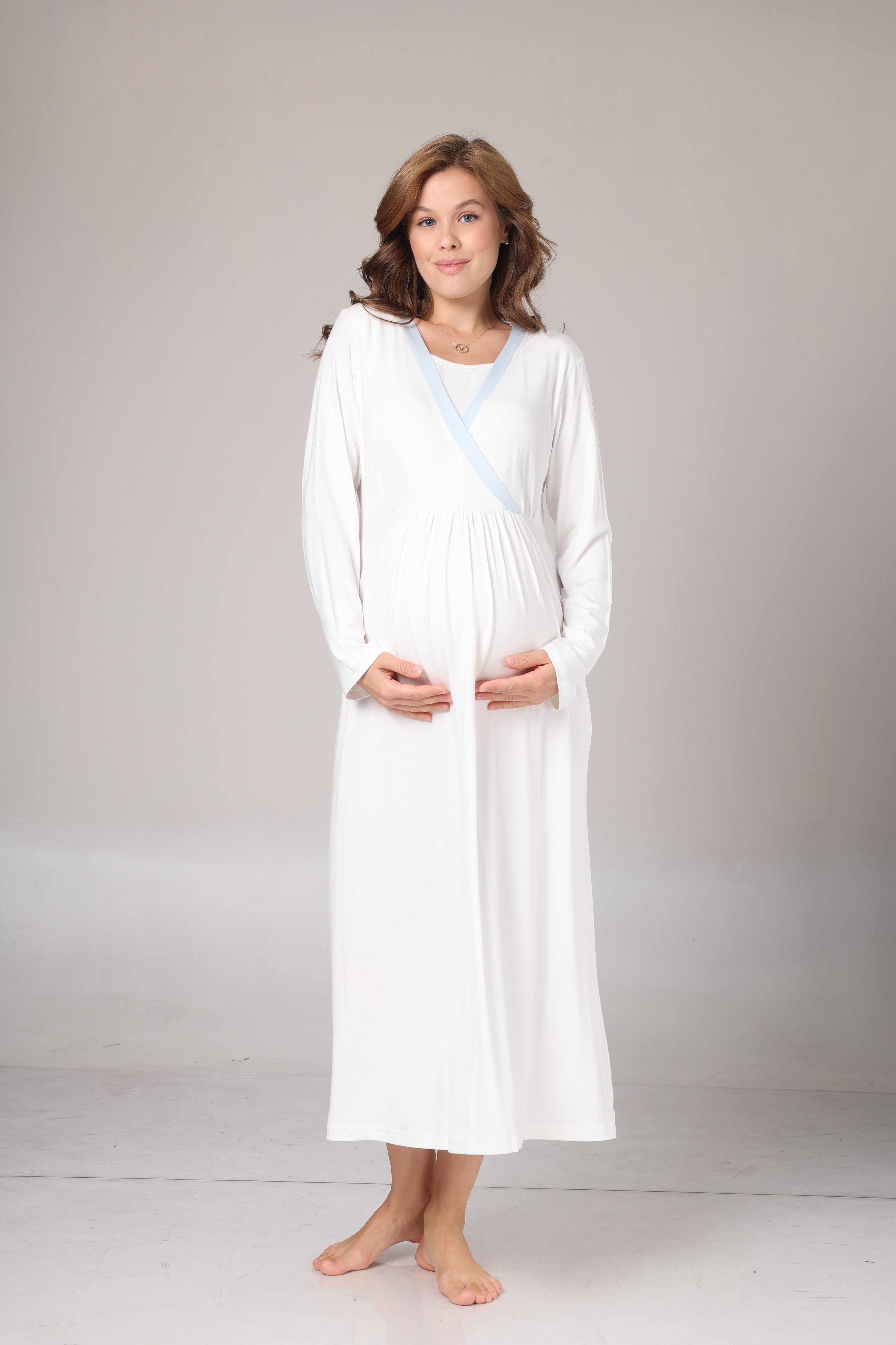 Kışlık Kendinden Desenli Mavi Şerit Detaylı Sabahlıklı Lohusa Gecelik Takımı -1017