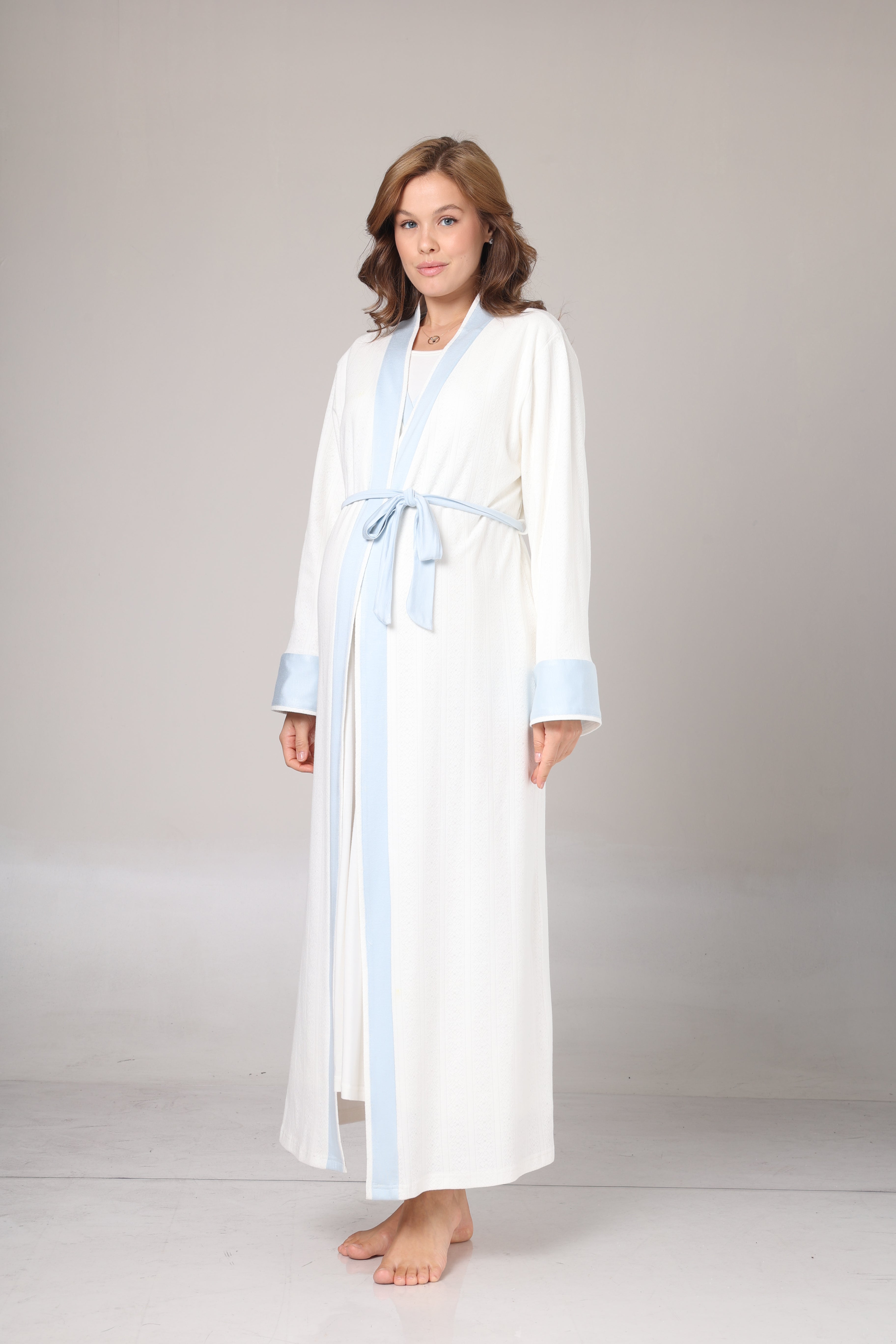 Kışlık Kendinden Desenli Mavi Şerit Detaylı Sabahlıklı Lohusa Gecelik Takımı -1017