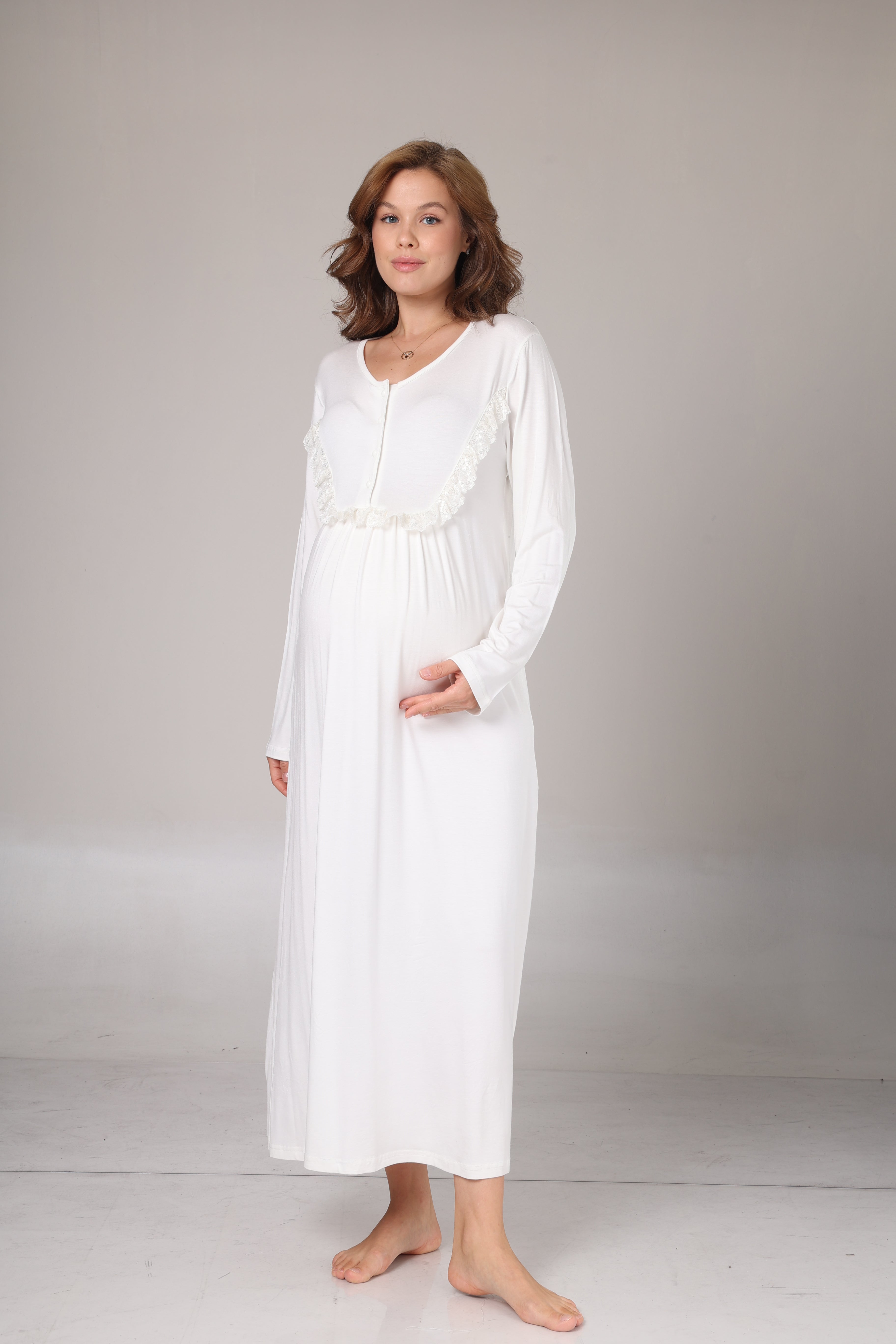 Krem Fırfır Yakalı Kışlık Sabahlıklı Lohusa Gecelik Takımı -1023