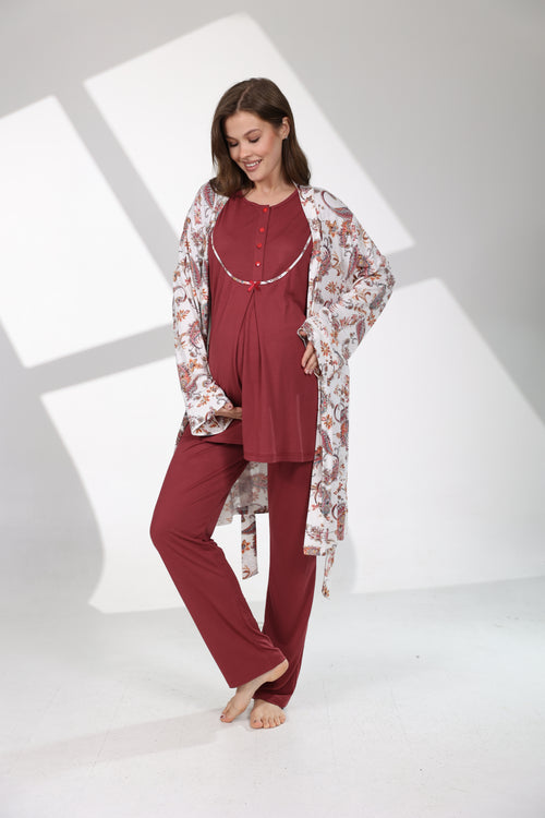 Bordo Şal Desenli Sabahlıklı Lohusa Pijama Takımı 714