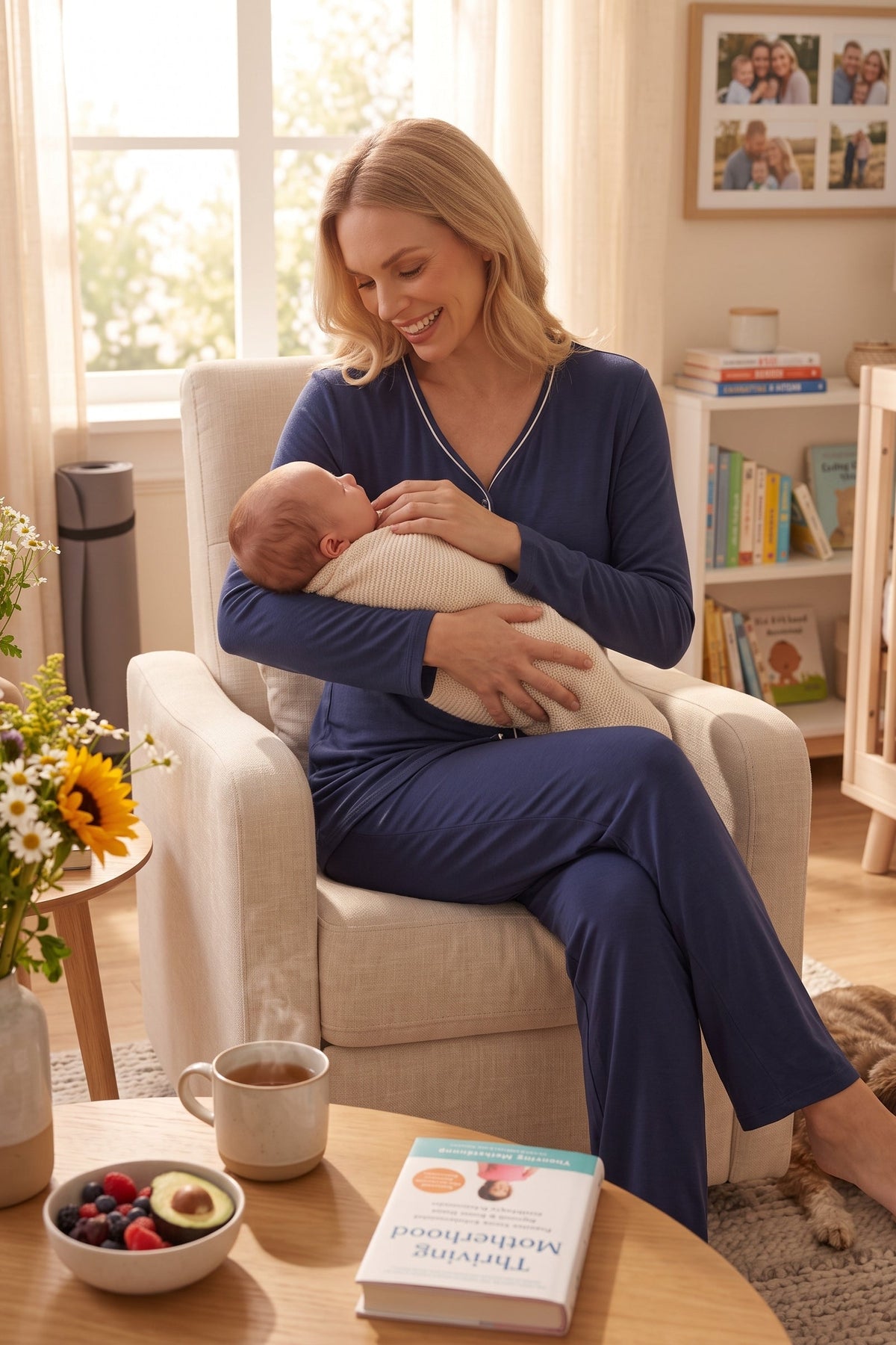 Yeni Sezon Lacivert Viskon Önden Düğmeli Lohusa Pijama Takımı-2234
