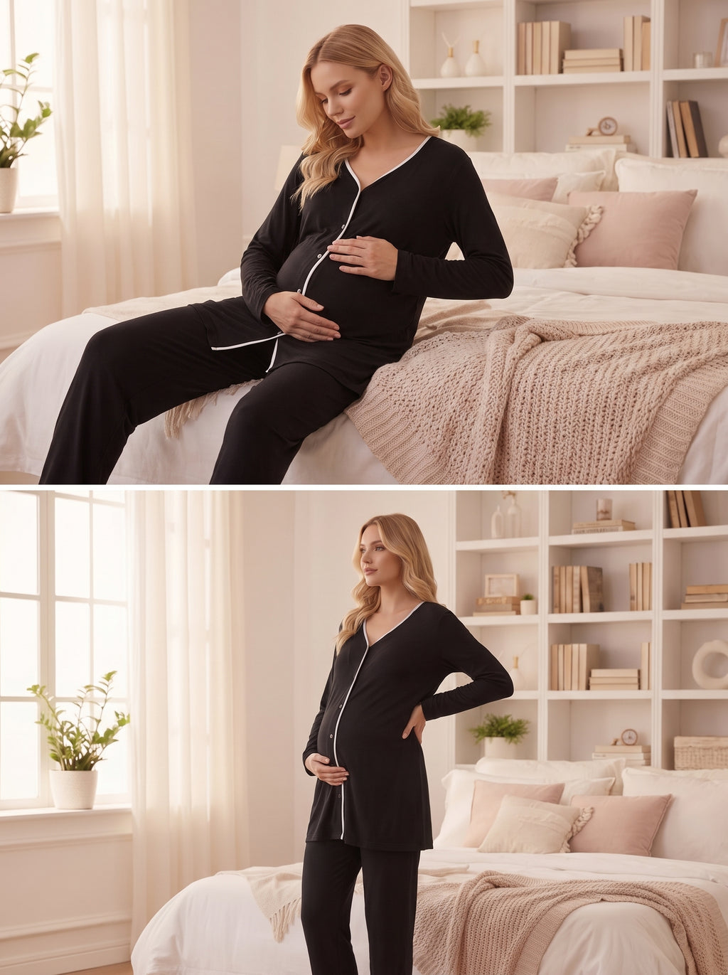 Yeni Sezon Siyah Viskon Önden Düğmeli Lohusa Pijama Takımı-2231