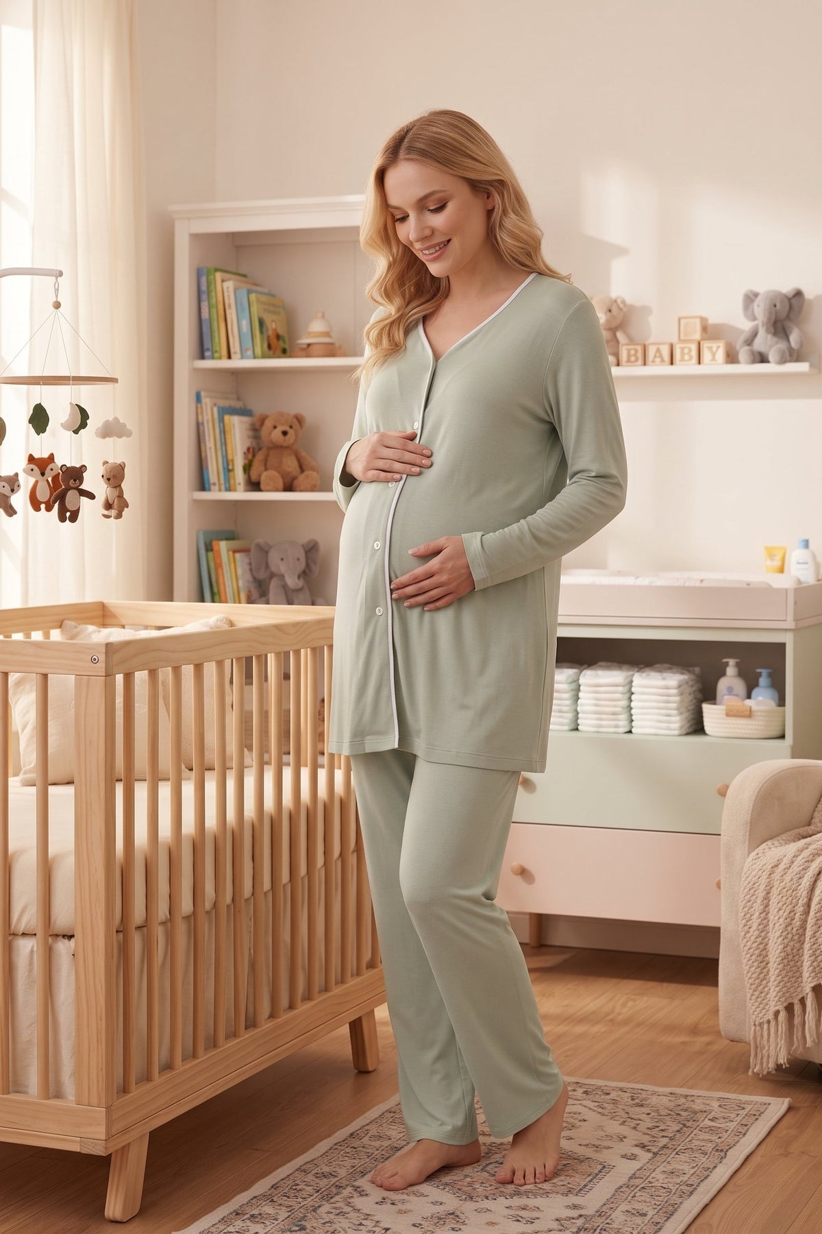 Yeni Sezon Yeşil Viskon Önden Düğmeli Lohusa Pijama Takımı-2230